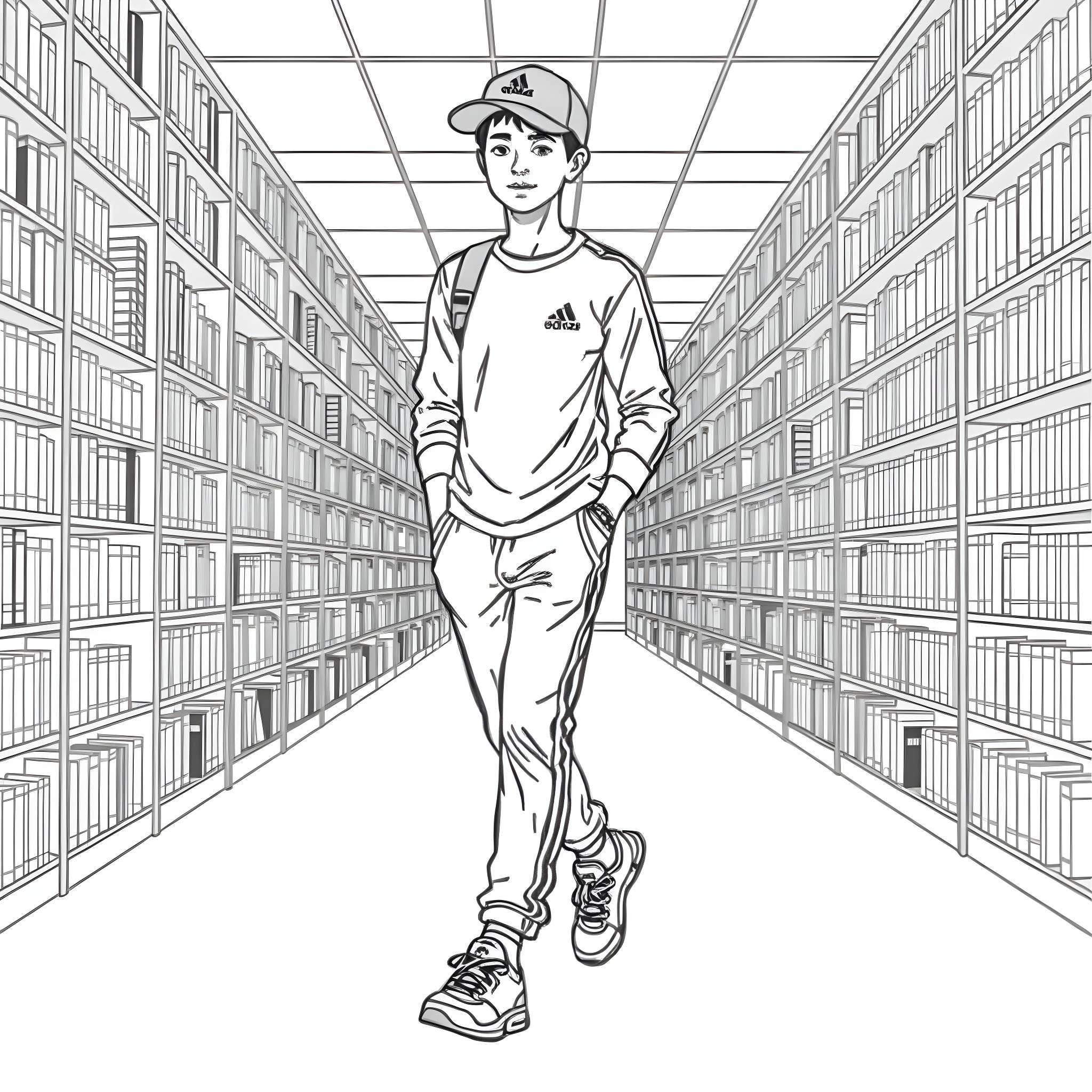 Teen Guy Walking Through Bookshelves in Library Coloring Page (free black-and-white line drawing printable PDF for all, from beginners to advanced learners, including children, teens, adults, and seniors)