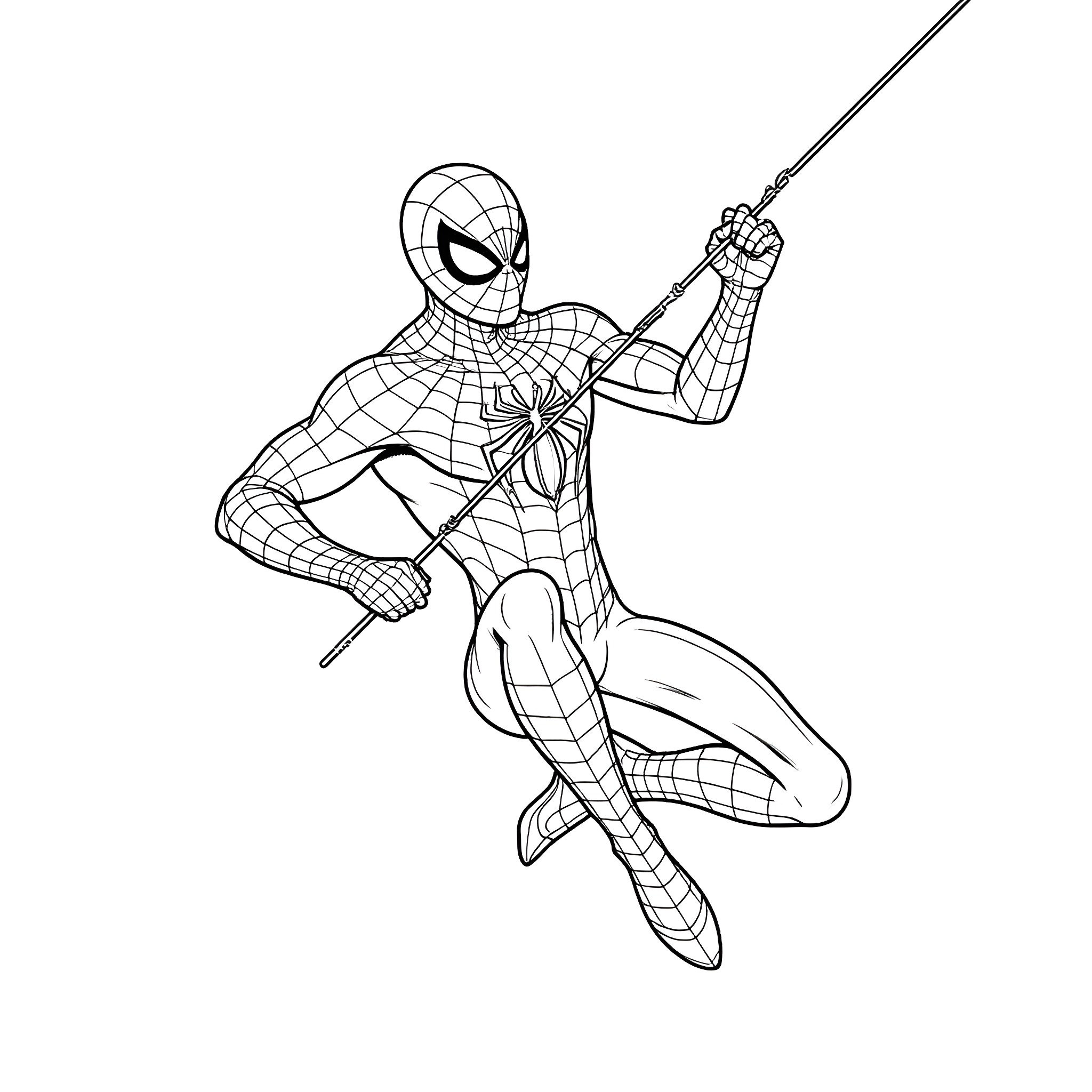 Spiderman in Action Pose with Web Shooter Coloring Page (free black-and-white line drawing printable PDF for all, from beginners to advanced learners, including children, teens, adults, and seniors)