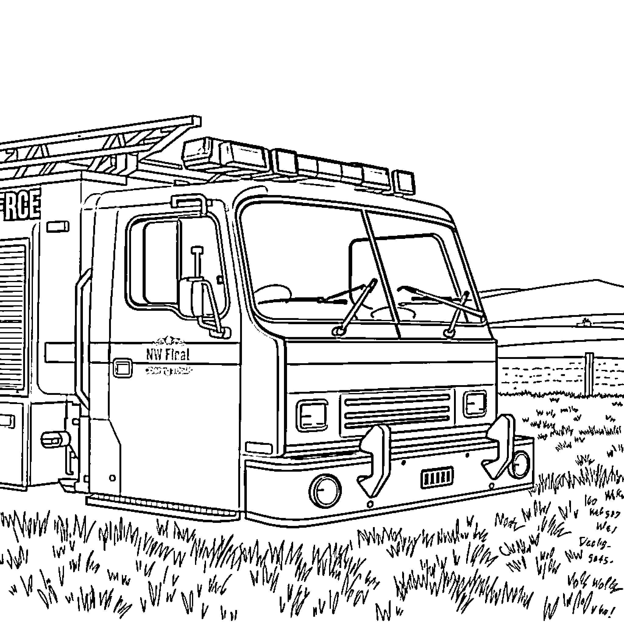 Fire Truck Parked in Grassy Field Coloring Page (free black-and-white line drawing printable PDF for all, from beginners to advanced learners, including children, teens, adults, and seniors)
