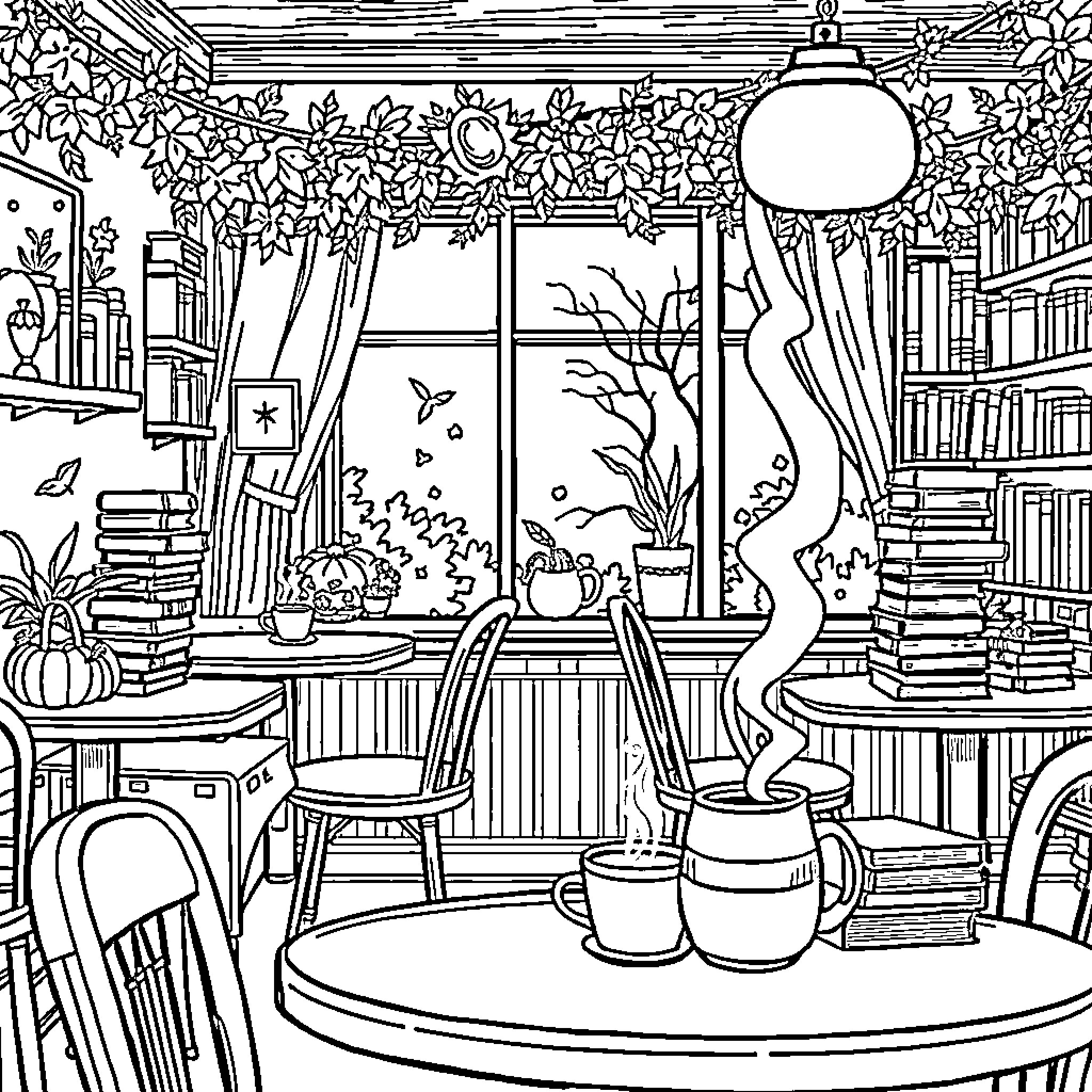 Cafe Cozy Interior with Bookshelves and Plants Coloring Page (free black-and-white line drawing printable PDF for all, from beginners to advanced learners, including children, teens, adults, and seniors)