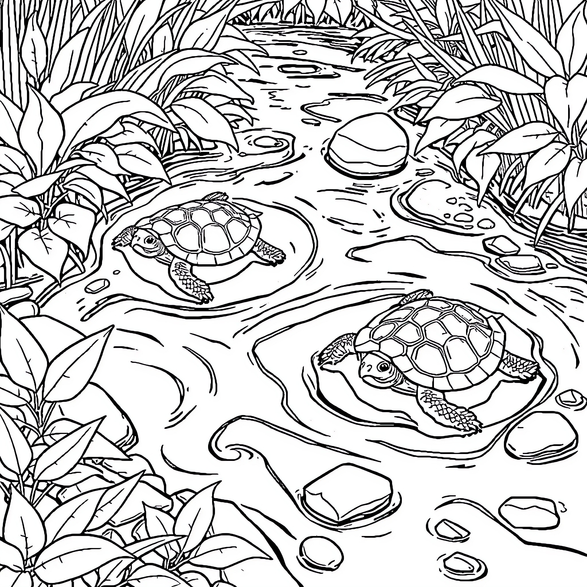 Turtle swimming in the jungle stream Coloring Page (free black-and-white line drawing printable PDF for all, from beginners to advanced learners, including children, teens, adults, and seniors)