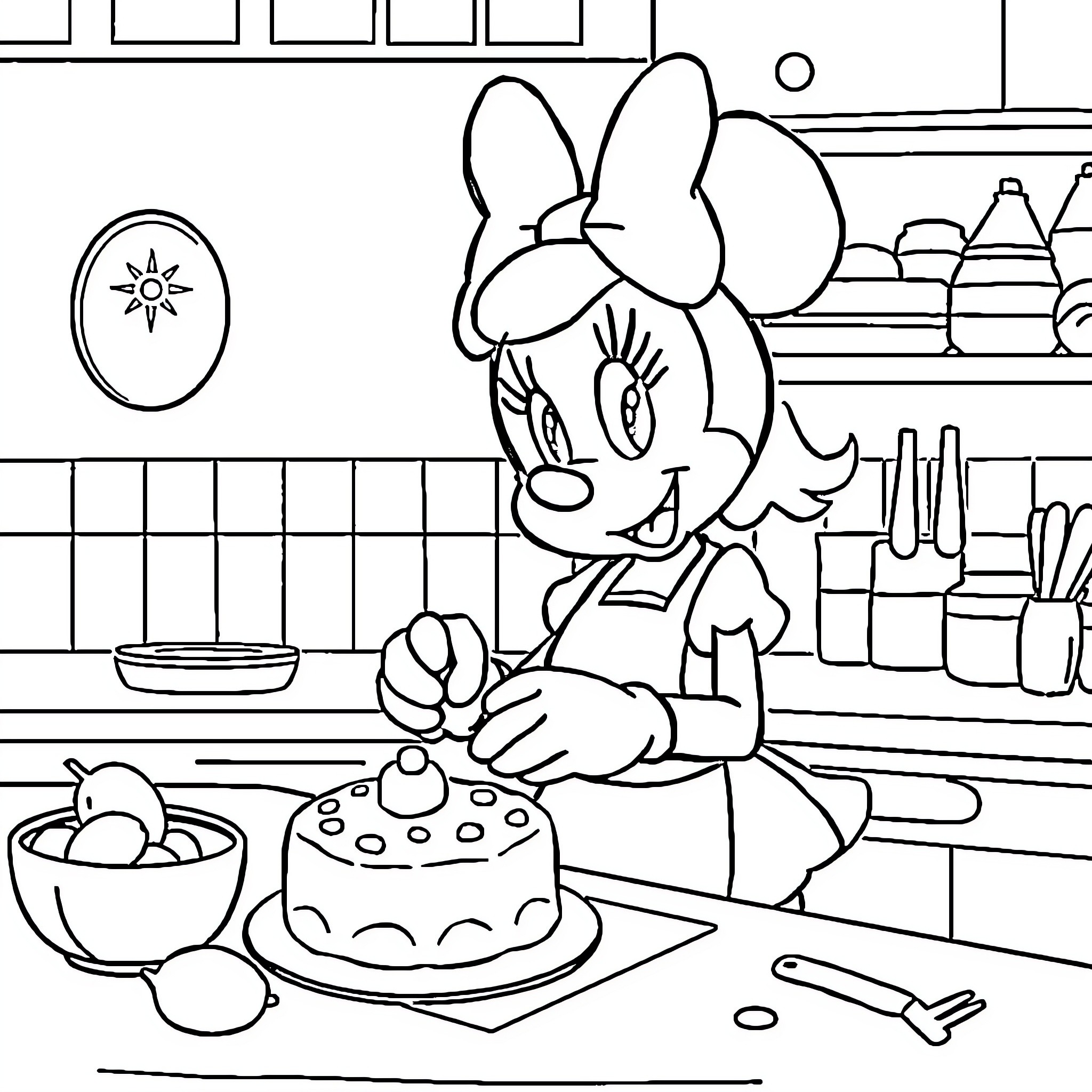 Minnie baking a delightful treat in the kitchen Coloring Page (free black-and-white line drawing printable PDF for all, from beginners to advanced learners, including children, teens, adults, and seniors)