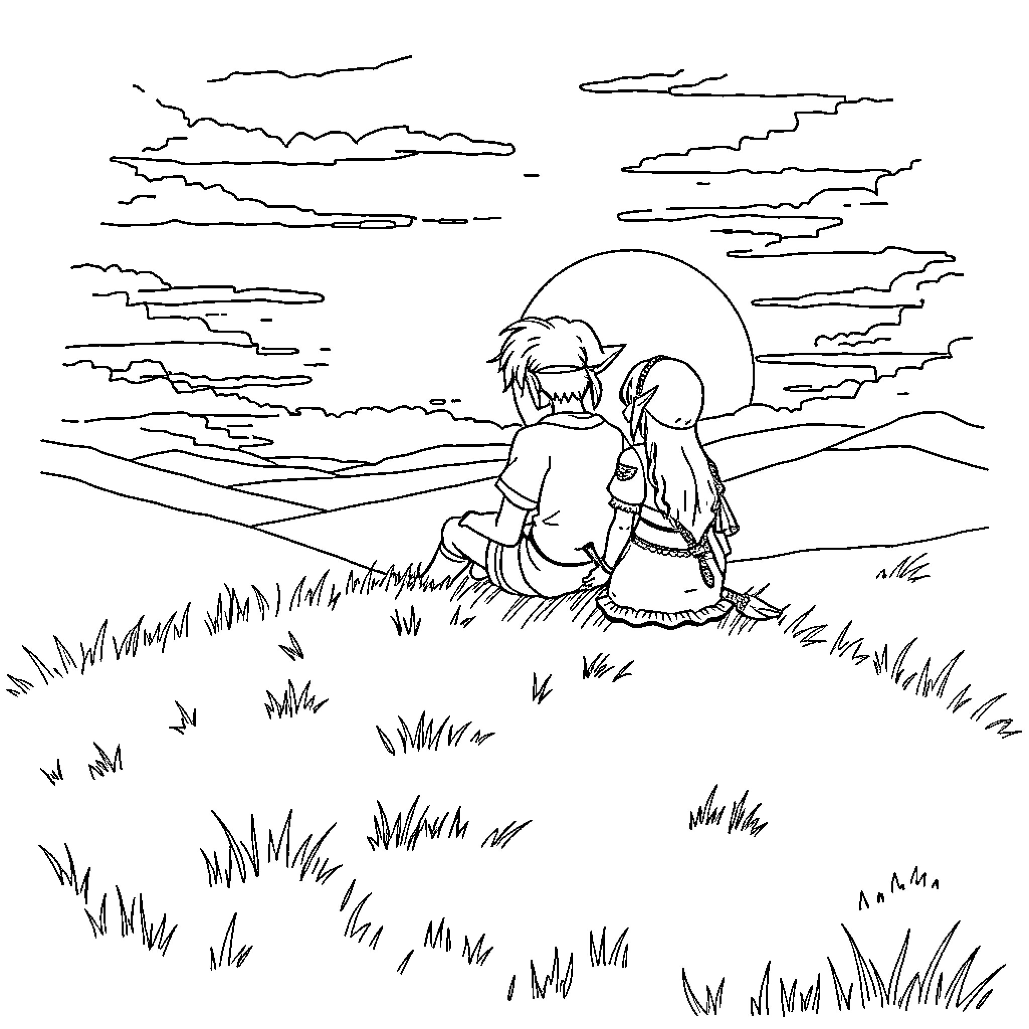 Link to a Sunset Scene with Silhouettes Coloring Page (free black-and-white line drawing printable PDF for all, from beginners to advanced learners, including children, teens, adults, and seniors)