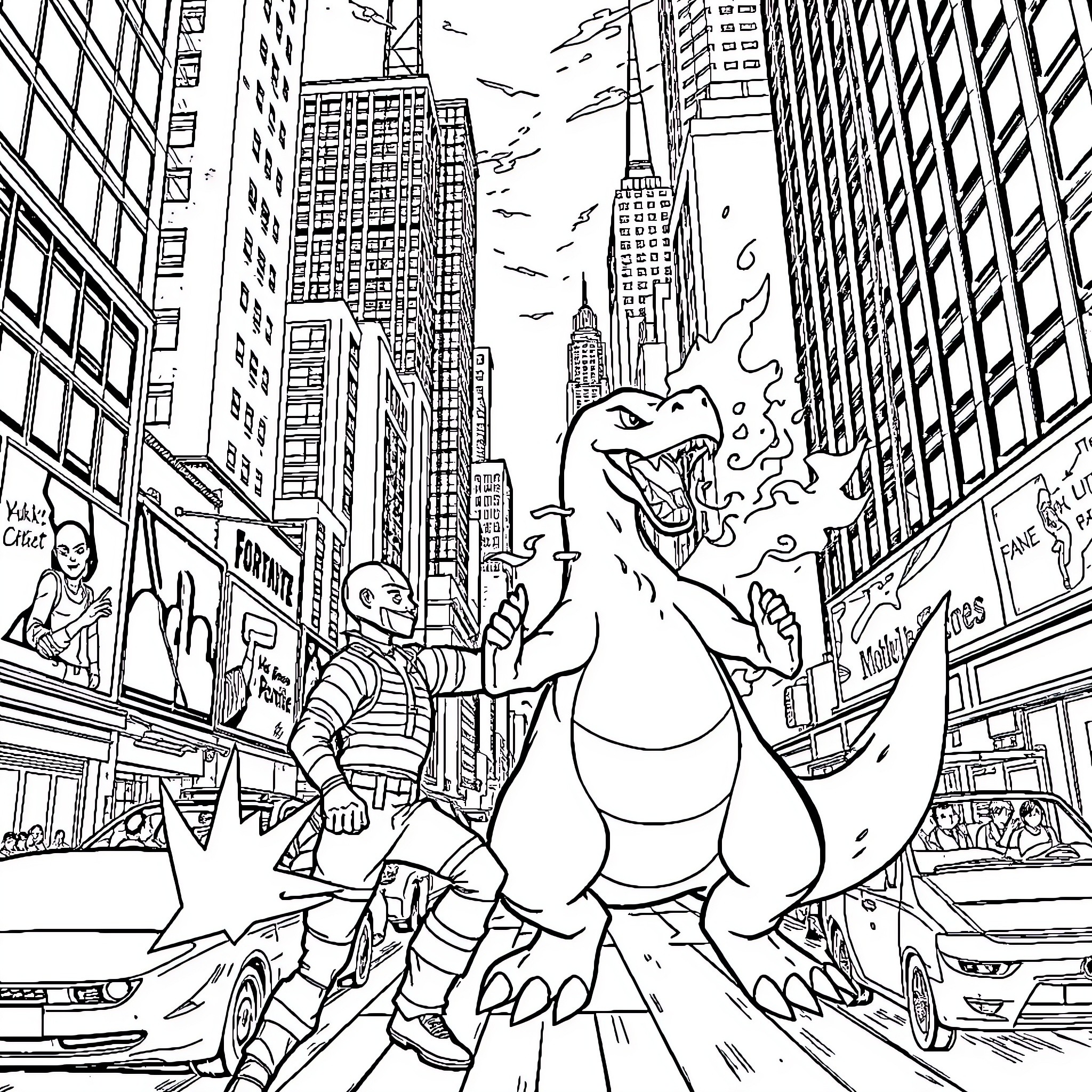 Charizard rampaging through the city Coloring Page (free black-and-white line drawing printable PDF for all, from beginners to advanced learners, including children, teens, adults, and seniors)