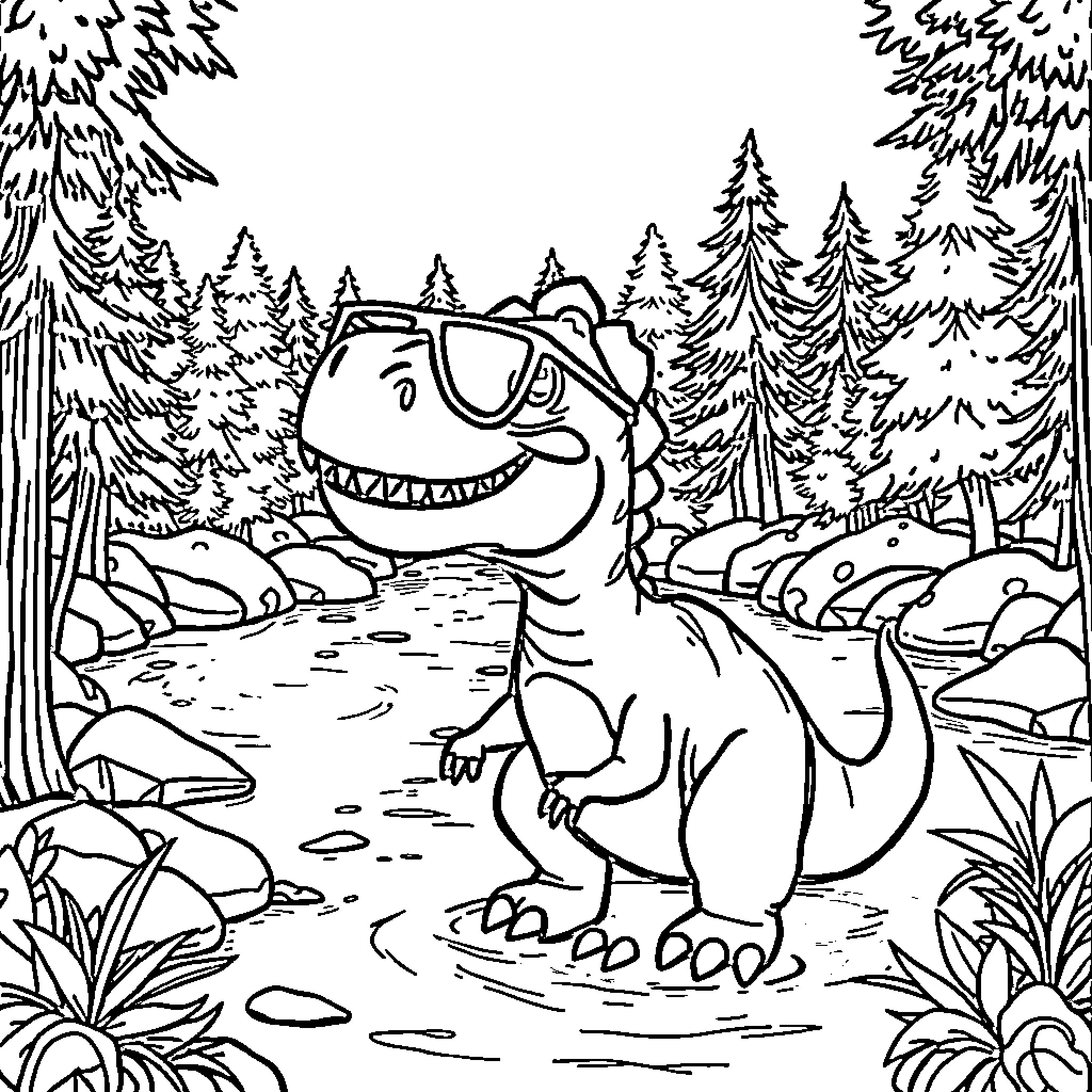 Dinosaur exploring the enchanting forest landscape Coloring Page (free black-and-white line drawing printable PDF for all, from beginners to advanced learners, including children, teens, adults, and seniors)