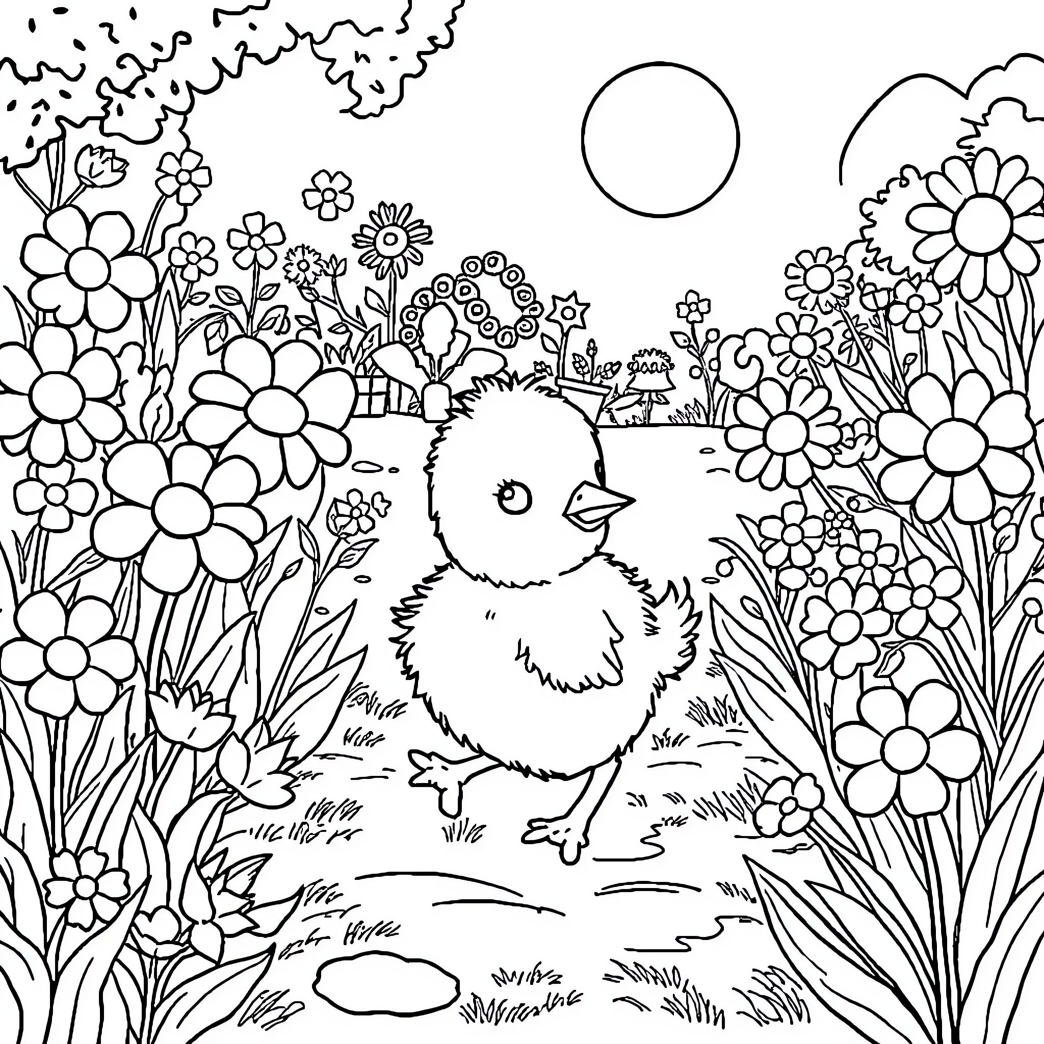 Chick exploring a floral garden Coloring Page (free black-and-white line drawing printable PDF for all, from beginners to advanced learners, including children, teens, adults, and seniors)