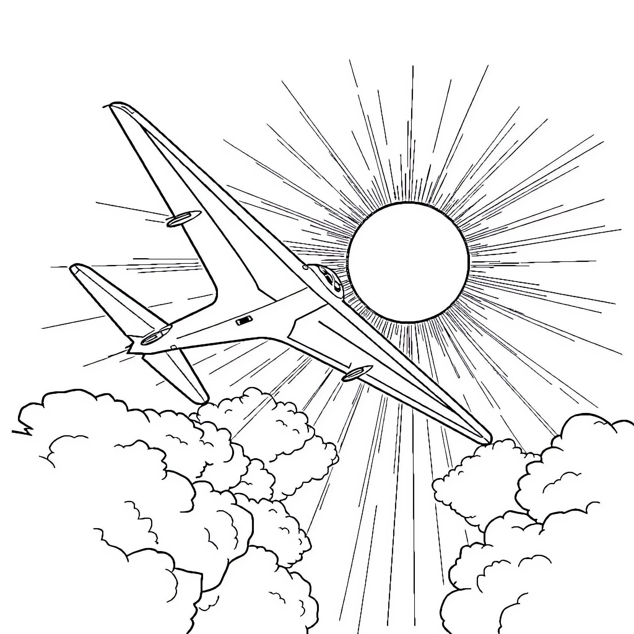 Airplane soaring through sunlit skies Coloring Page (free black-and-white line drawing printable PDF for all, from beginners to advanced learners, including children, teens, adults, and seniors)