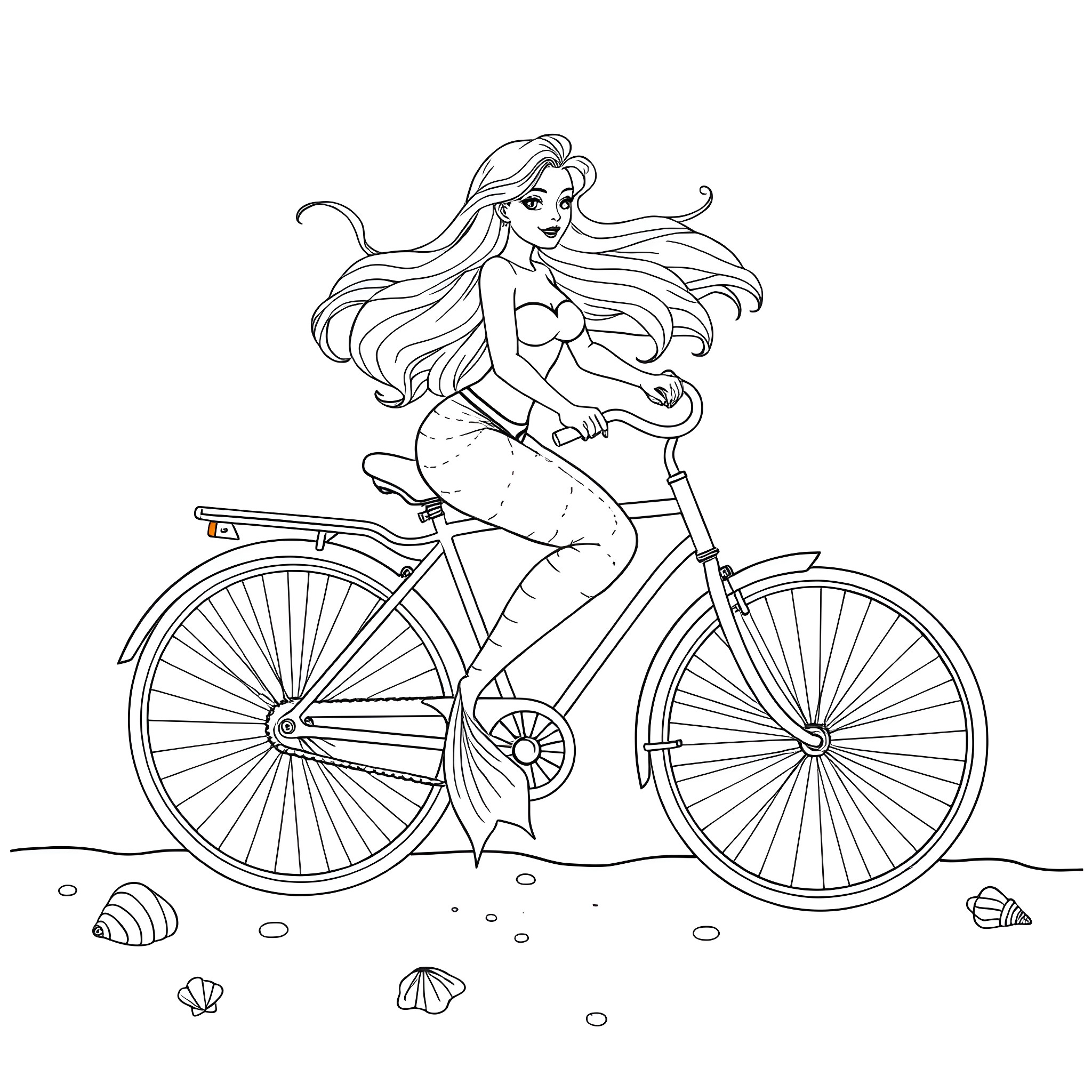 Mermaid riding a bicycle on the beach Coloring Page (free black-and-white line drawing printable PDF for all, from beginners to advanced learners, including children, teens, adults, and seniors)