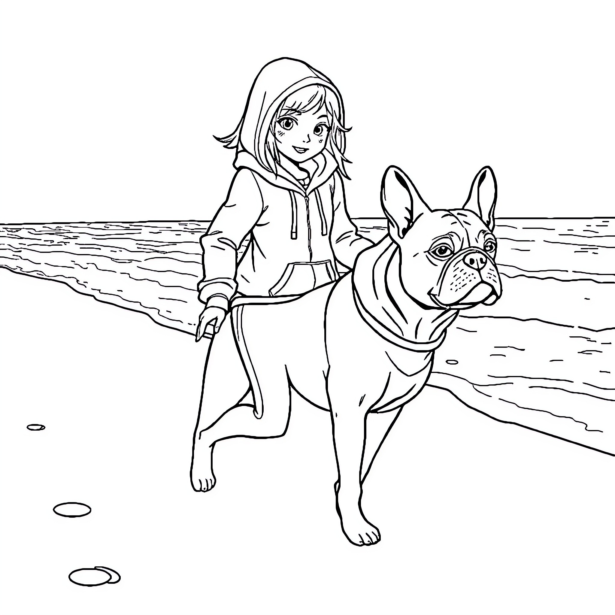 Girl walking her dog on the beach Coloring Page (free black-and-white line drawing printable PDF for all, from beginners to advanced learners, including children, teens, adults, and seniors)