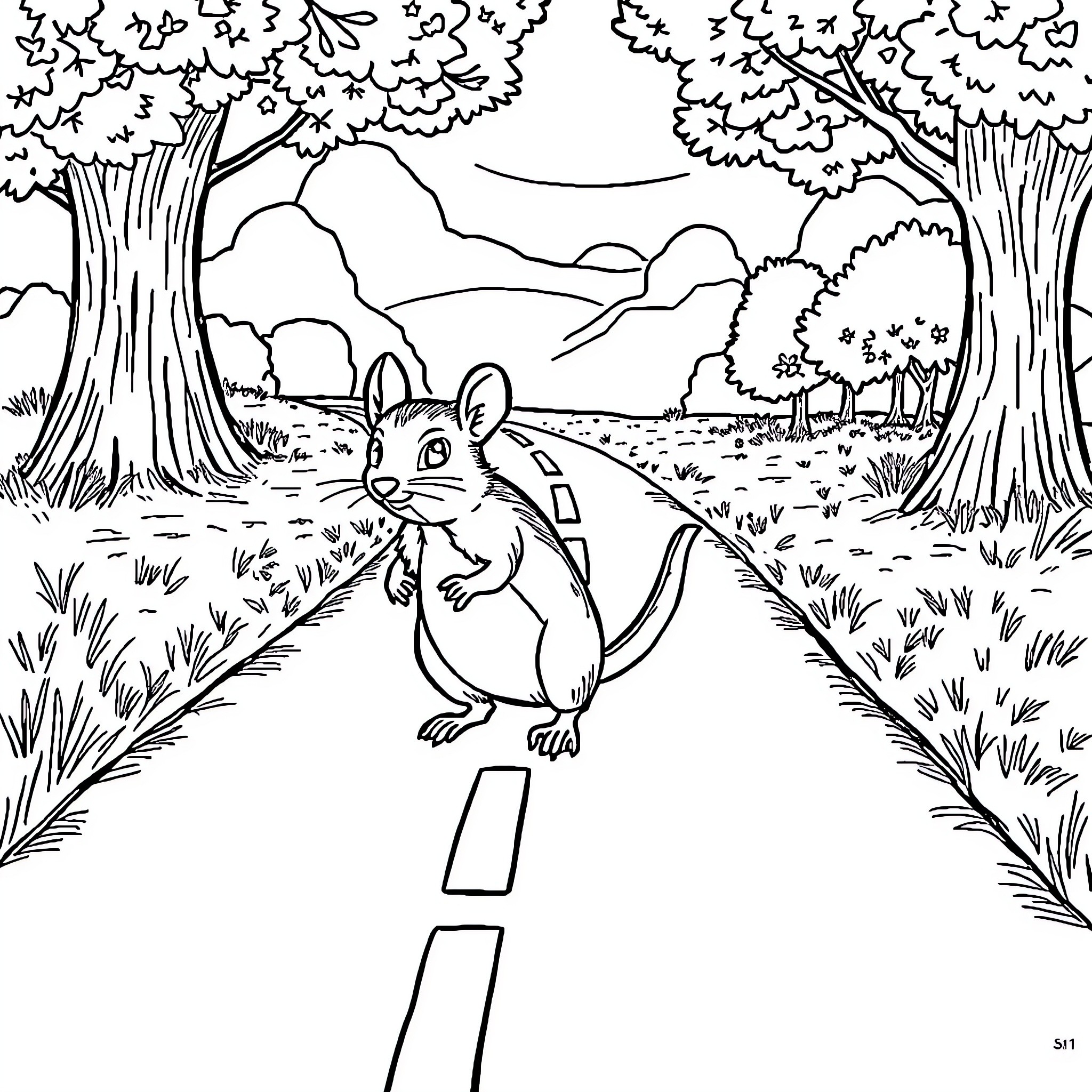 Mouse exploring the forest path Coloring Page (free black-and-white line drawing printable PDF for all, from beginners to advanced learners, including children, teens, adults, and seniors)