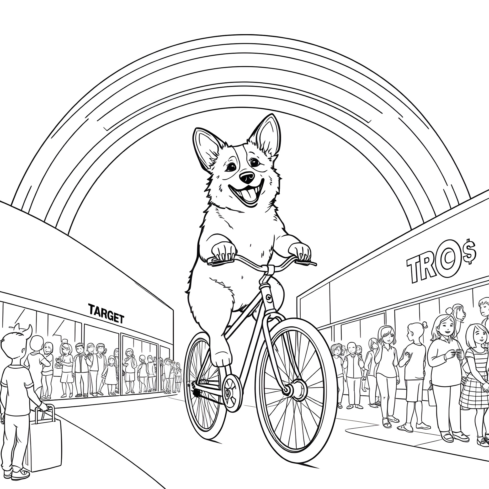 Corgi riding a bicycle in a shopping mall Coloring Page (free black-and-white line drawing printable PDF for all, from beginners to advanced learners, including children, teens, adults, and seniors)