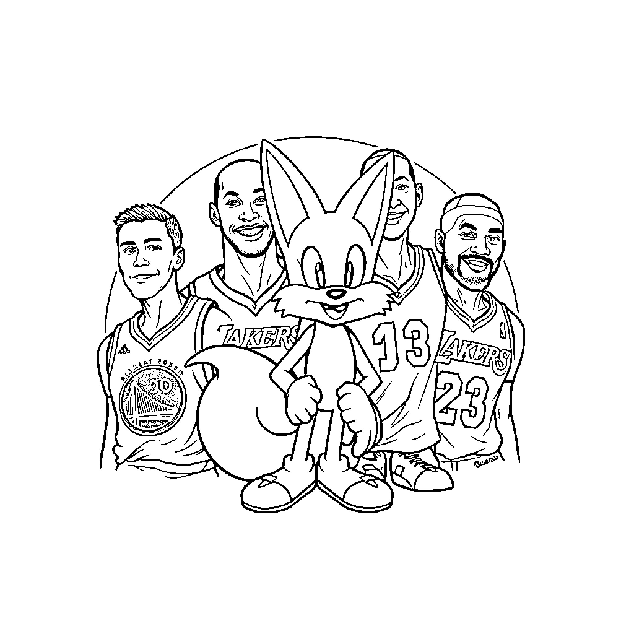 Basketball Players with Cartoon Character Coloring Page (free black-and-white line drawing printable PDF for all, from beginners to advanced learners, including children, teens, adults, and seniors)