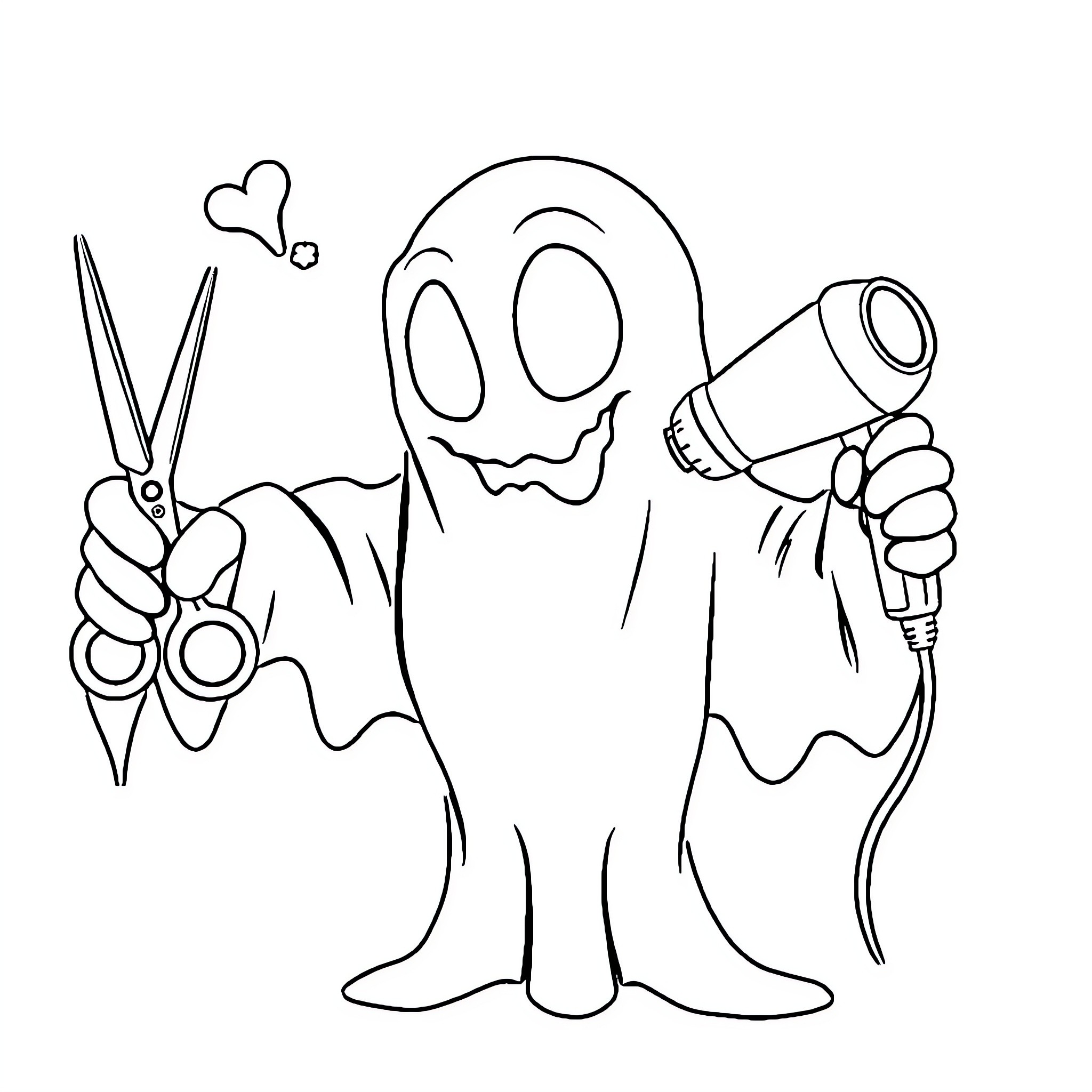 Ghost holding scissors and hairdryer with hearts Coloring Page (free black-and-white line drawing printable PDF for all, from beginners to advanced learners, including children, teens, adults, and seniors)