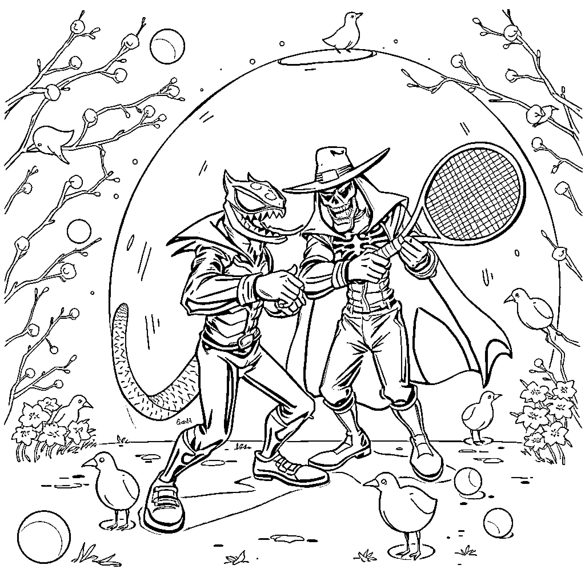 Venom Warriors Engaged in Competitive Sport Coloring Page (free black-and-white line drawing printable PDF for all, from beginners to advanced learners, including children, teens, adults, and seniors)