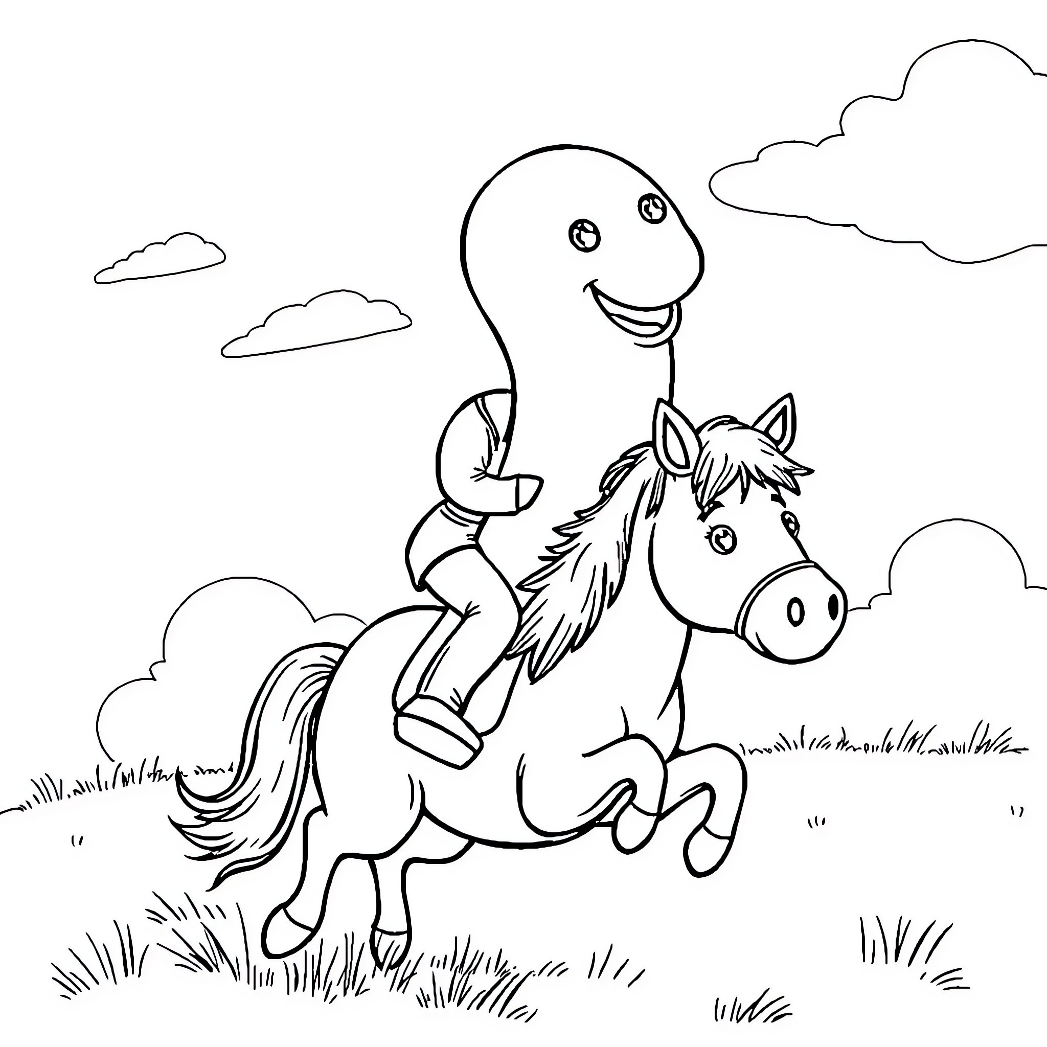 Sausage riding happily on a horse Coloring Page (free black-and-white line drawing printable PDF for all, from beginners to advanced learners, including children, teens, adults, and seniors)