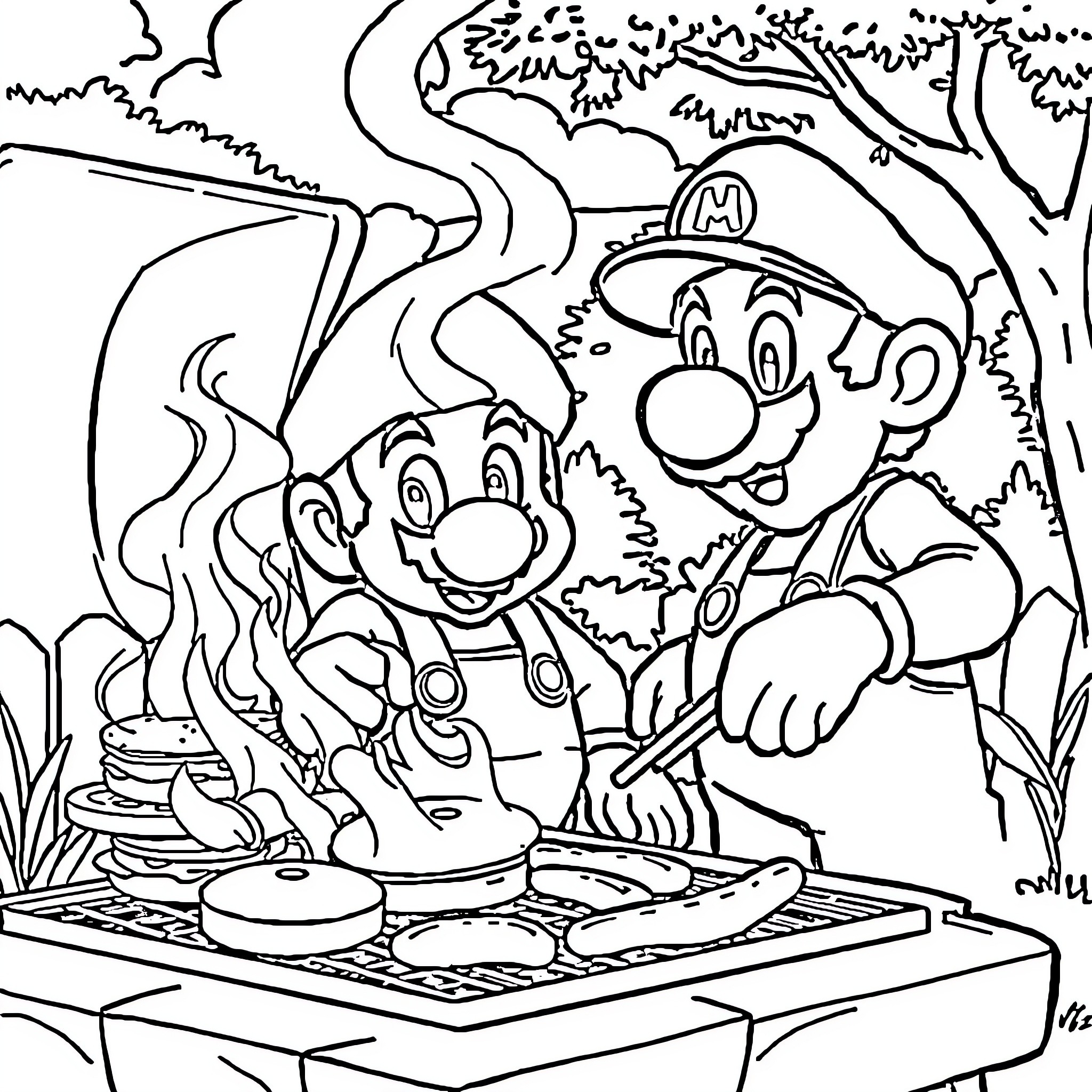 Mario and Luigi exploring the forest together Coloring Page (free black-and-white line drawing printable PDF for all, from beginners to advanced learners, including children, teens, adults, and seniors)