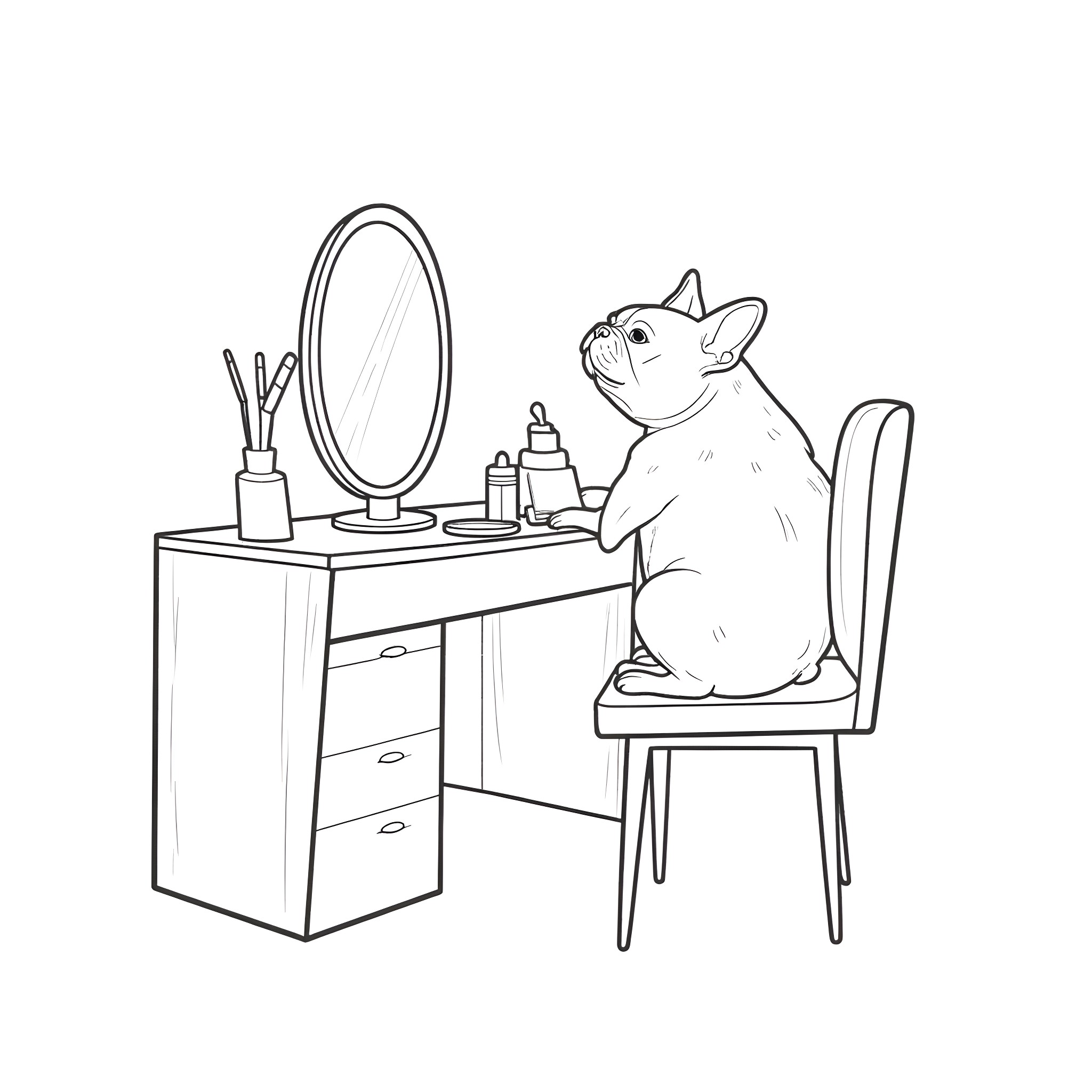 French Bulldog Grooming at Vanity Coloring Page (free black-and-white line drawing printable PDF for all, from beginners to advanced learners, including children, teens, adults, and seniors)