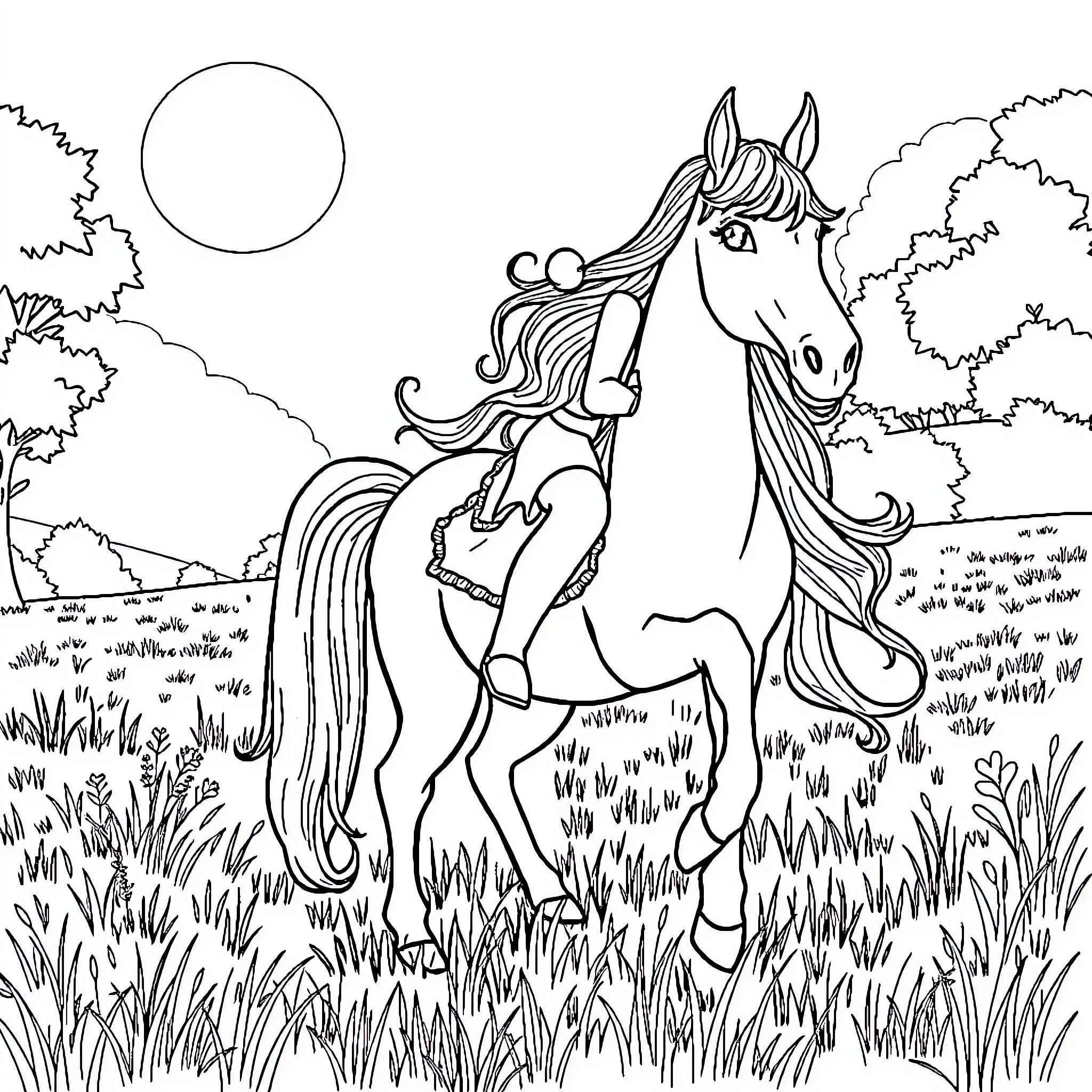 Bathory's Majestic Equine Escapade in the Moonlit Meadow Coloring Page (free black-and-white line drawing printable PDF for all, from beginners to advanced learners, including children, teens, adults, and seniors)