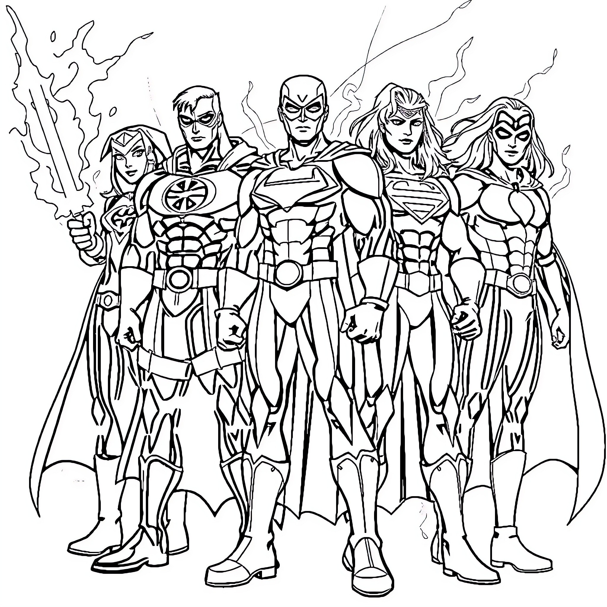 Superhero team posing with power and confidence Coloring Page (free black-and-white line drawing printable PDF for all, from beginners to advanced learners, including children, teens, adults, and seniors)