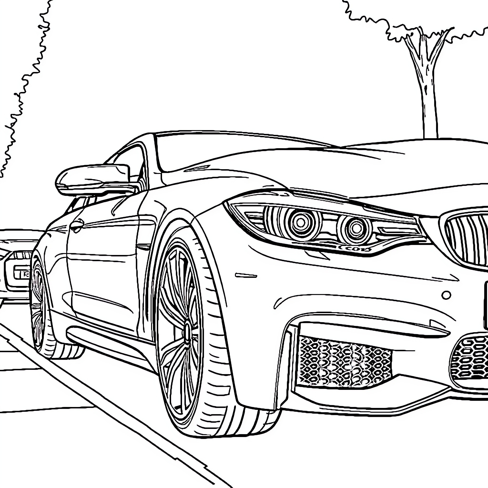 B. M. W. Sports Car on the Road Coloring Page (free black-and-white line drawing printable PDF for all, from beginners to advanced learners, including children, teens, adults, and seniors)