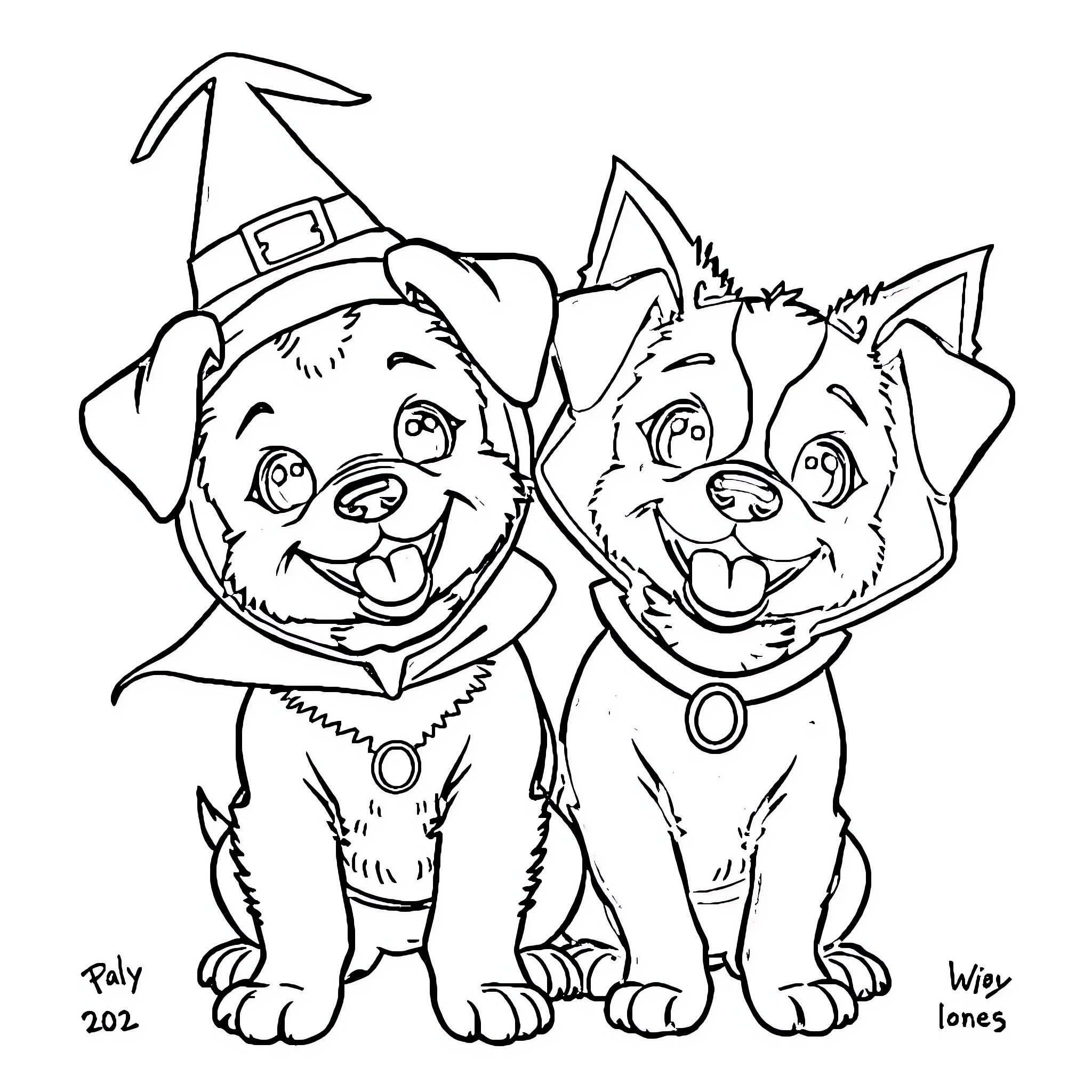 Puppy friends dressed up for Halloween Coloring Page (free black-and-white line drawing printable PDF for all, from beginners to advanced learners, including children, teens, adults, and seniors)