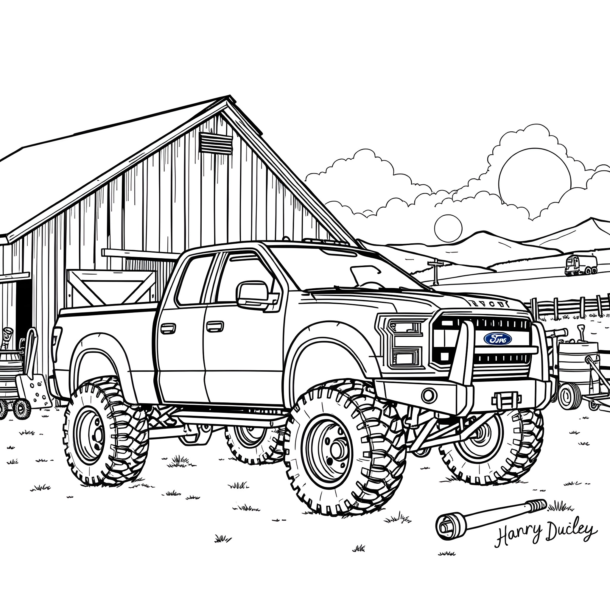 Wrecker Truck Towing Vehicle on Rugged Terrain Coloring Page (free black-and-white line drawing printable PDF for all, from beginners to advanced learners, including children, teens, adults, and seniors)