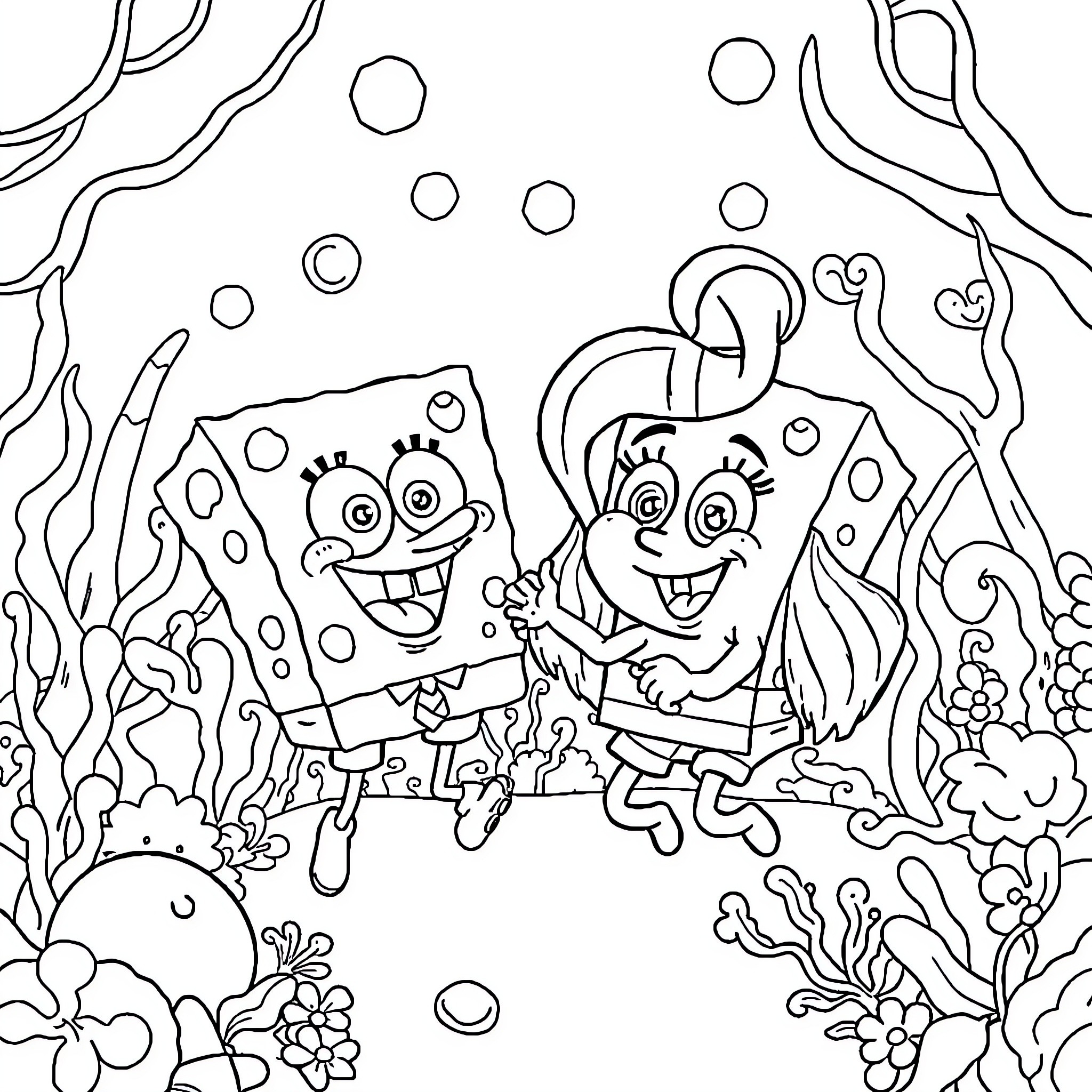 Lilo and Spongebob's Underwater Adventure Coloring Page (free black-and-white line drawing printable PDF for all, from beginners to advanced learners, including children, teens, adults, and seniors)