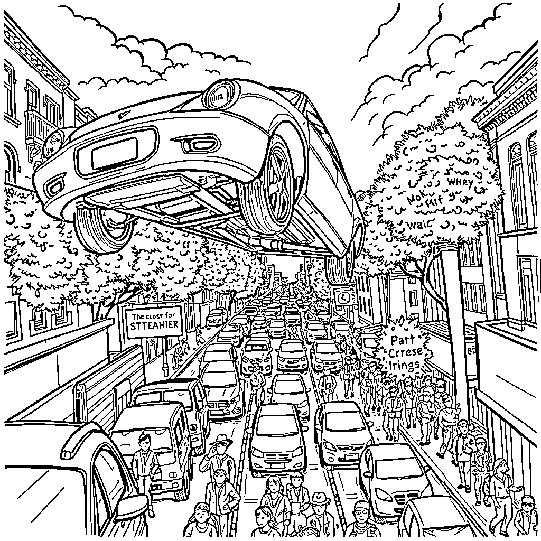Flying Car Soaring Above Busy City Street Coloring Page (free black-and-white line drawing printable PDF for all, from beginners to advanced learners, including children, teens, adults, and seniors)