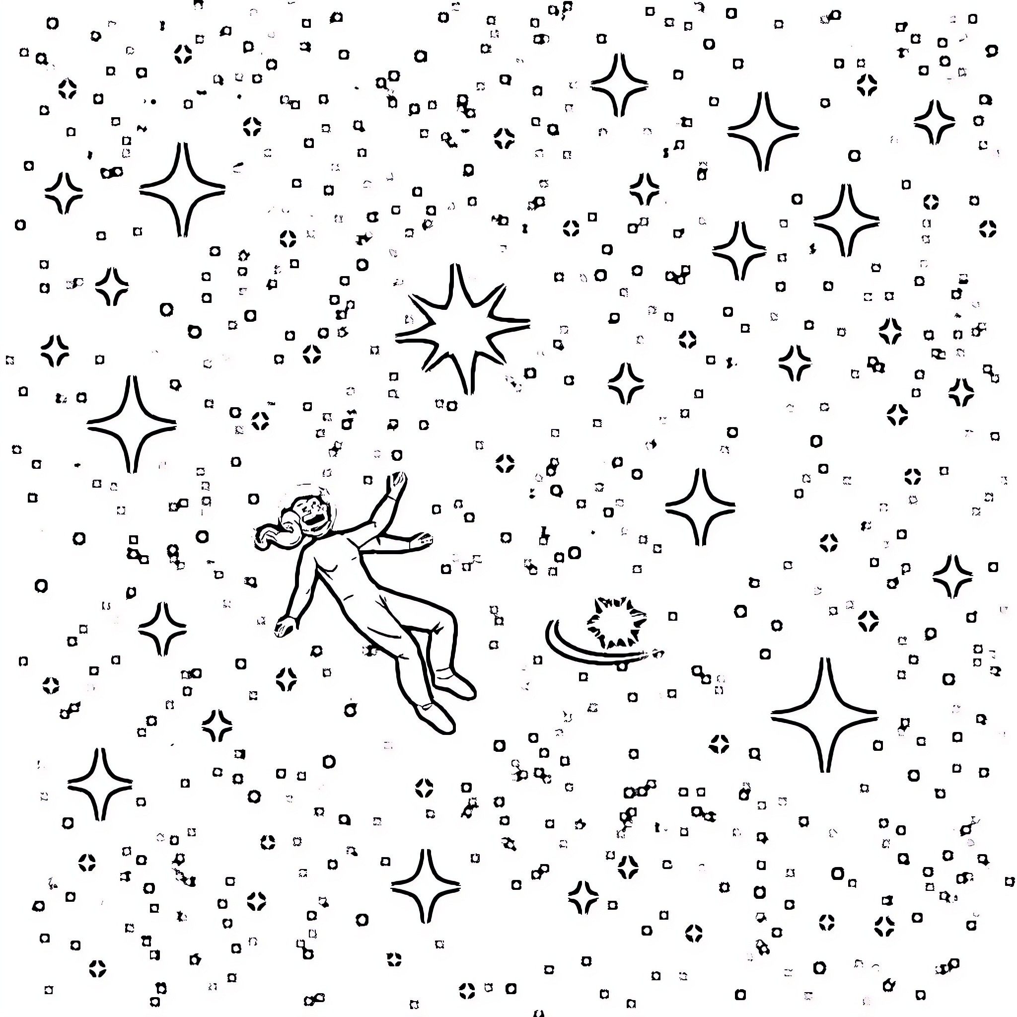 Galaxy of Floating Astronauts and Cosmic Stars Coloring Page (free black-and-white line drawing printable PDF for all, from beginners to advanced learners, including children, teens, adults, and seniors)