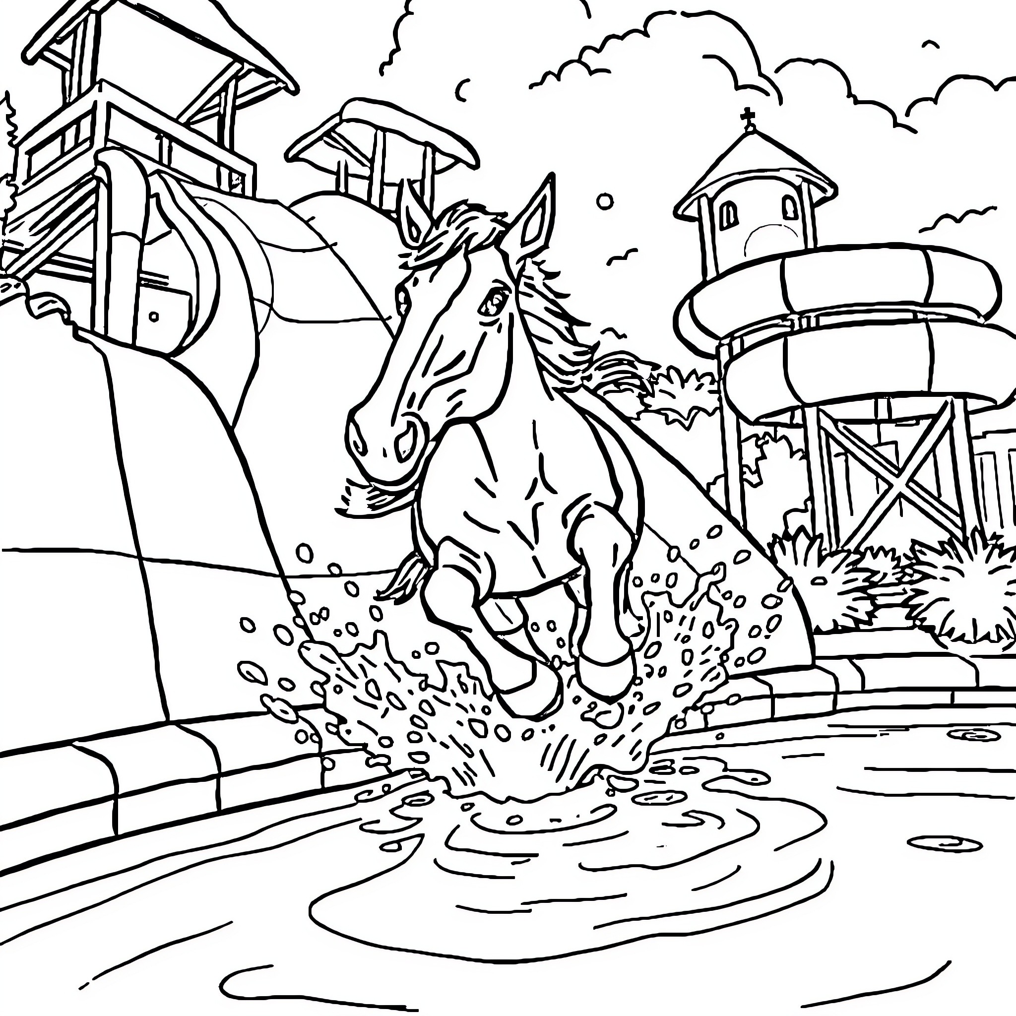 Horse galloping through a farmyard scene Coloring Page (free black-and-white line drawing printable PDF for all, from beginners to advanced learners, including children, teens, adults, and seniors)