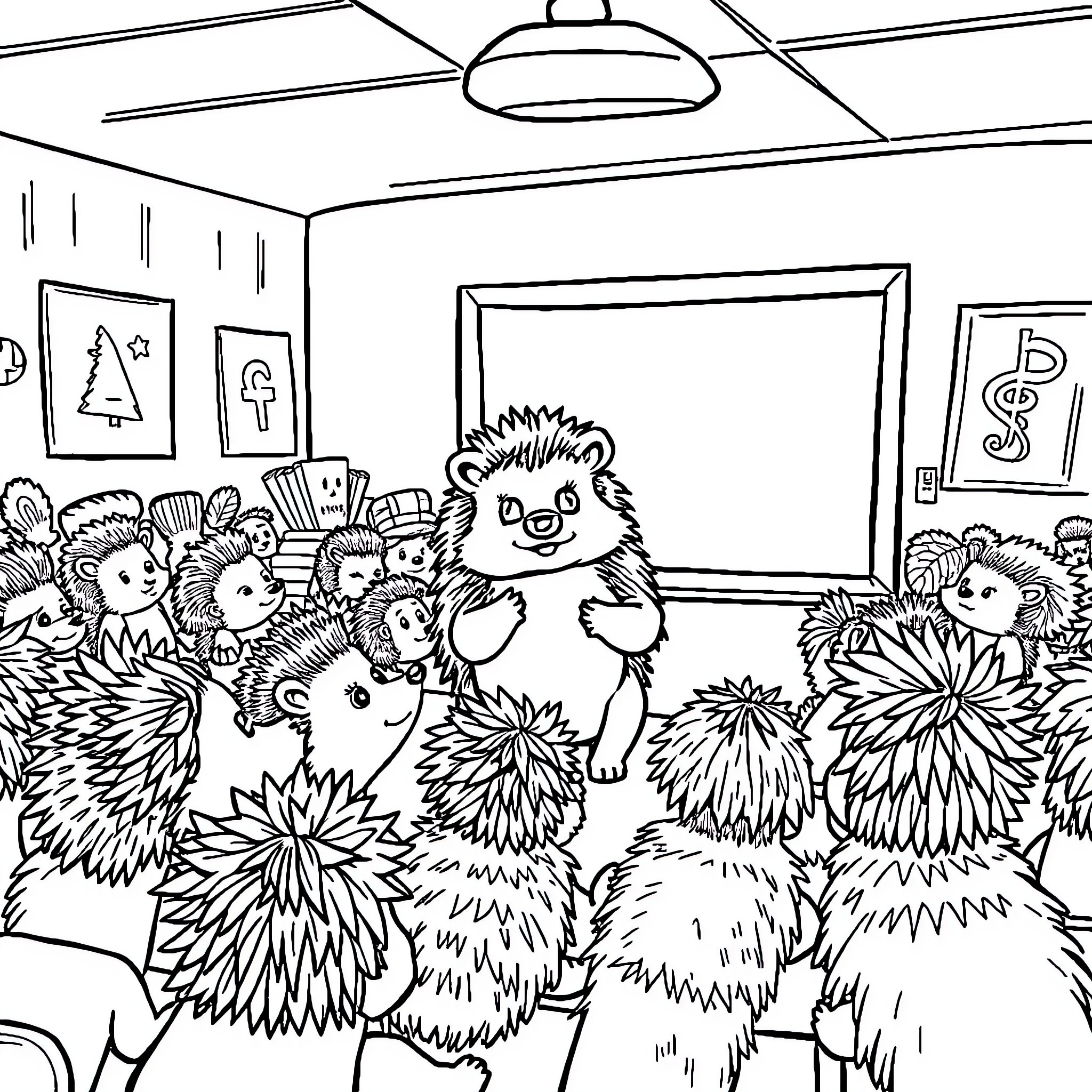 Hedgehogs gathered in a cozy room Coloring Page (free black-and-white line drawing printable PDF for all, from beginners to advanced learners, including children, teens, adults, and seniors)