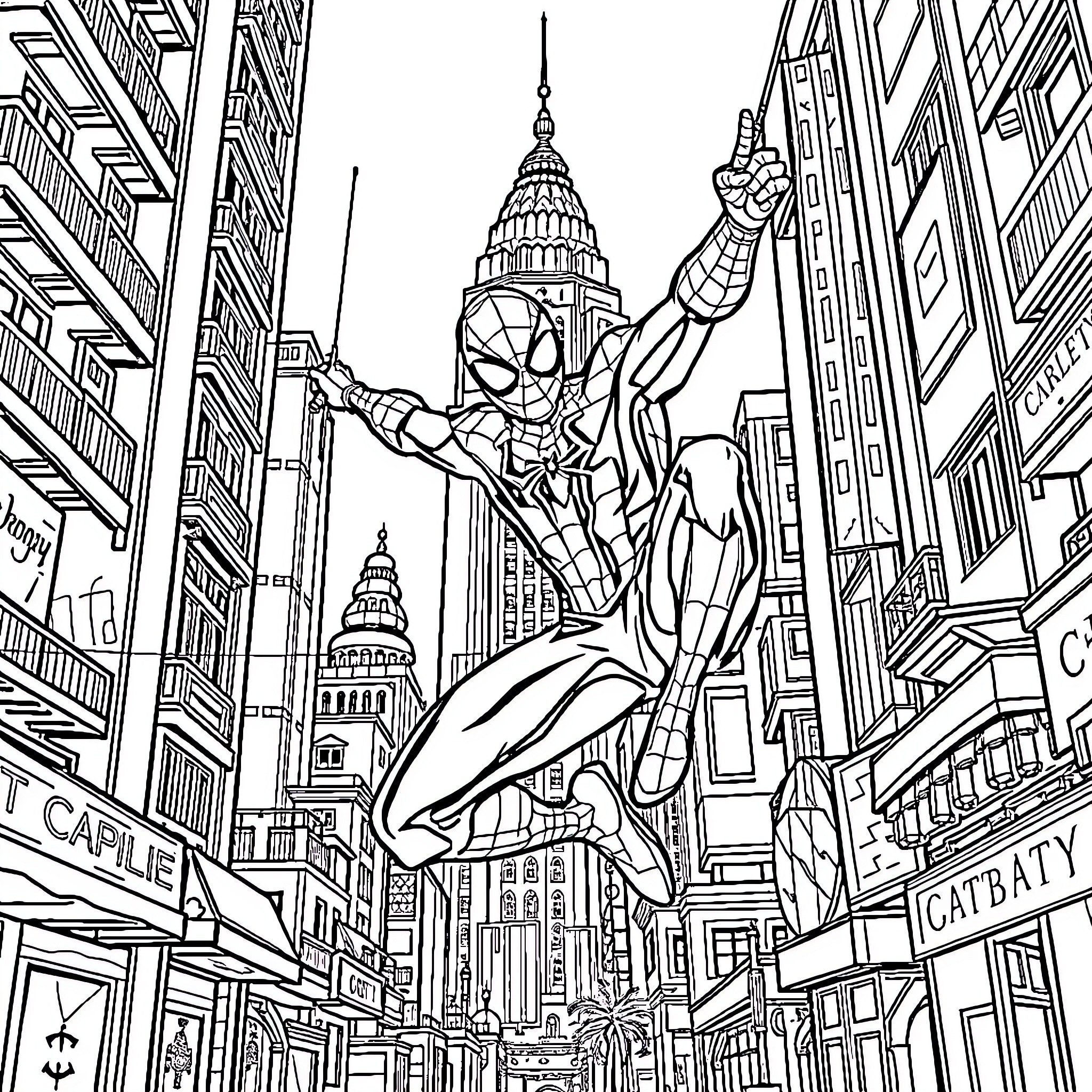 Spiderman swinging through the cityscape Coloring Page (free black-and-white line drawing printable PDF for all, from beginners to advanced learners, including children, teens, adults, and seniors)