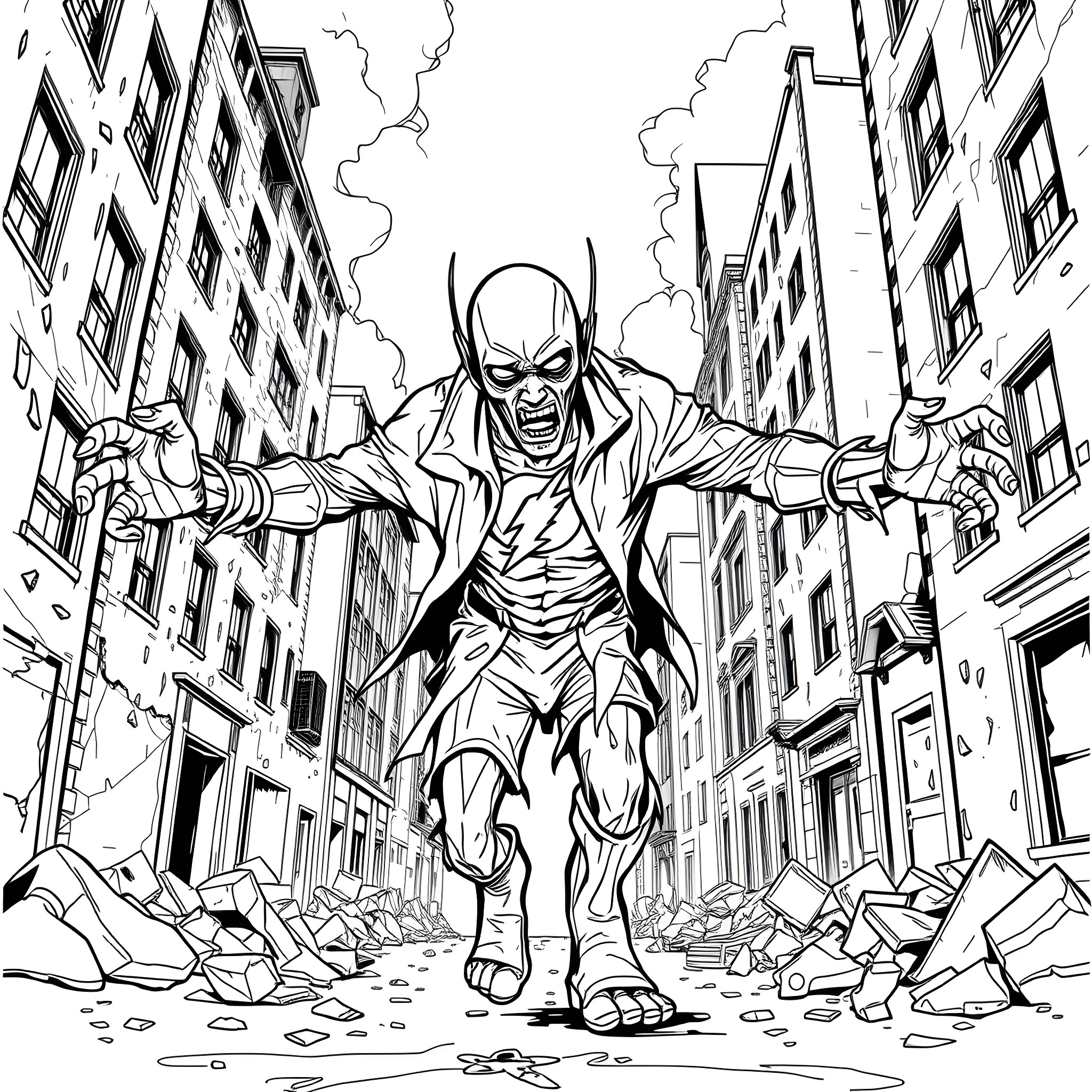 Zombie Apocalypse in the City Streets Coloring Page (free black-and-white line drawing printable PDF for all, from beginners to advanced learners, including children, teens, adults, and seniors)