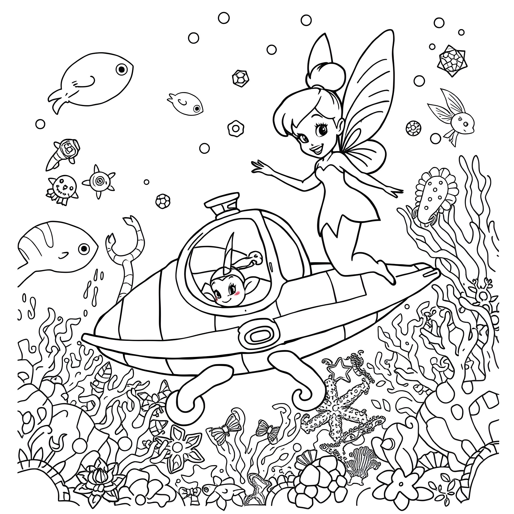 Tinkerbell's Underwater Adventure in Her Submarine Coloring Page (free black-and-white line drawing printable PDF for all, from beginners to advanced learners, including children, teens, adults, and seniors)