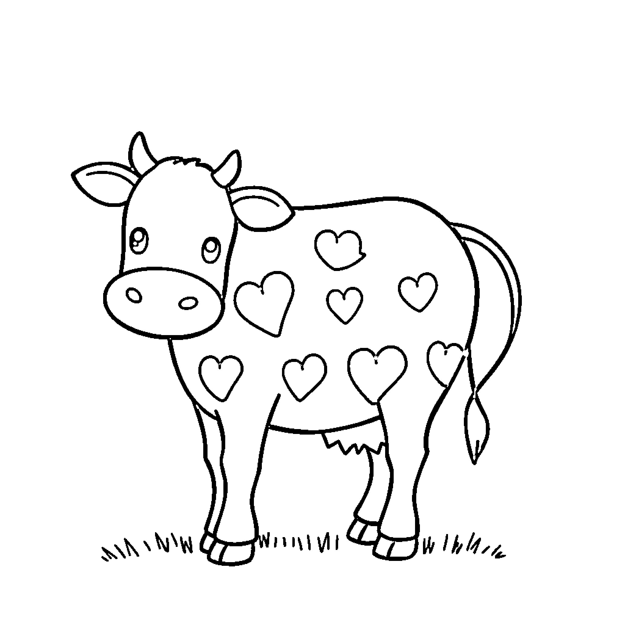 Strawberry Cow with Playful Hearts Coloring Page (free black-and-white line drawing printable PDF for all, from beginners to advanced learners, including children, teens, adults, and seniors)