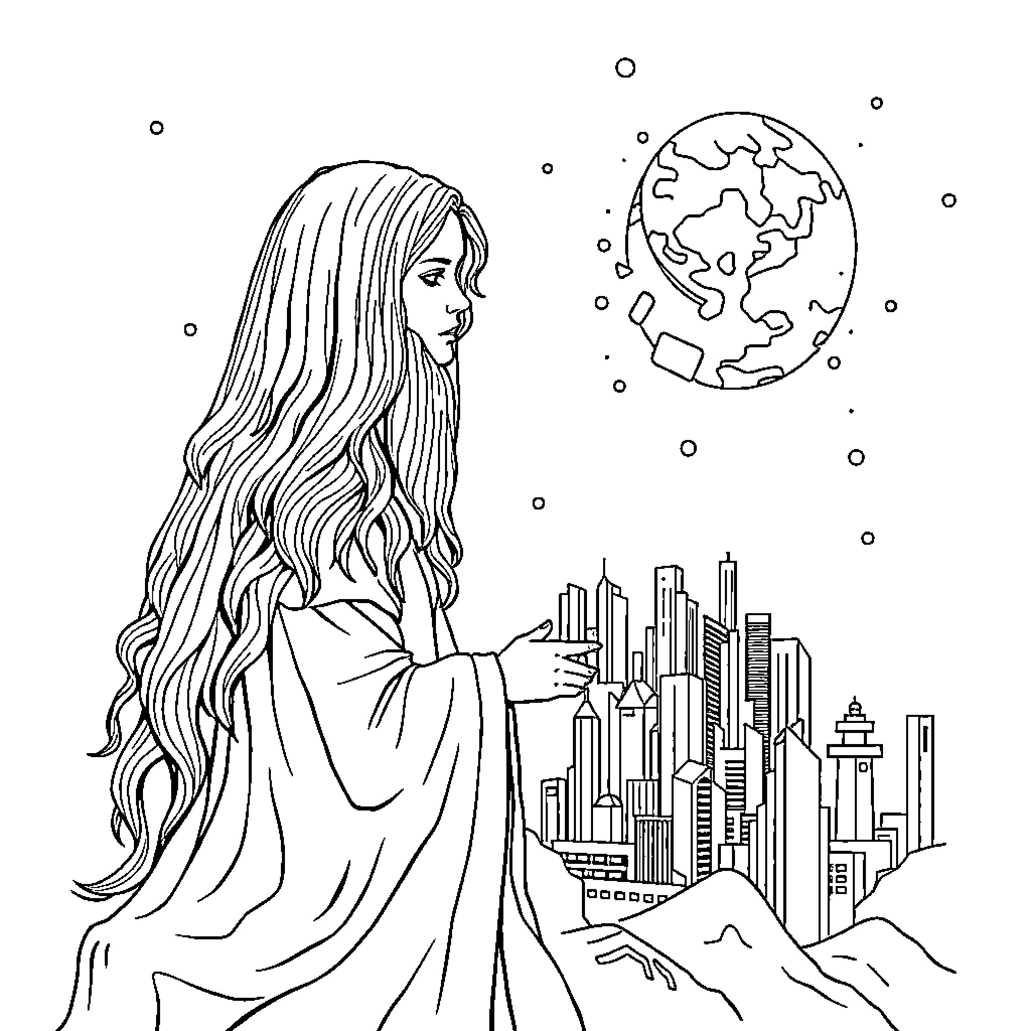 Gaia observing the modern city skyline Coloring Page (free black-and-white line drawing printable PDF for all, from beginners to advanced learners, including children, teens, adults, and seniors)