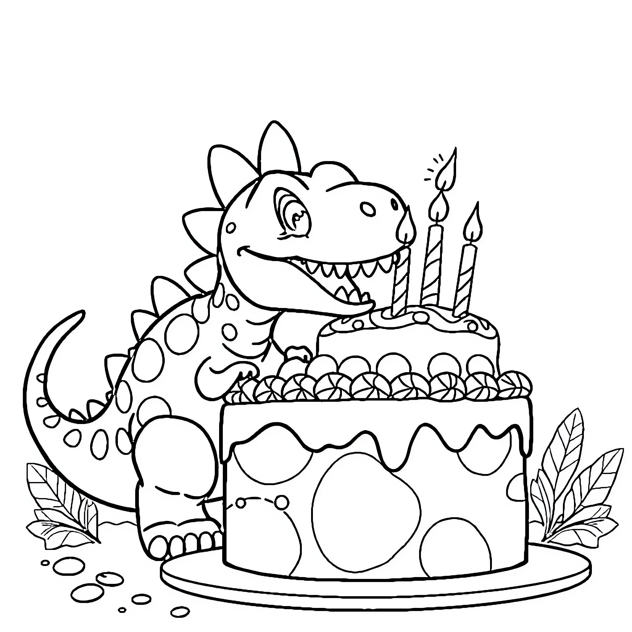 Dinosaur celebrating birthday with cake and candles Coloring Page (free black-and-white line drawing printable PDF for all, from beginners to advanced learners, including children, teens, adults, and seniors)