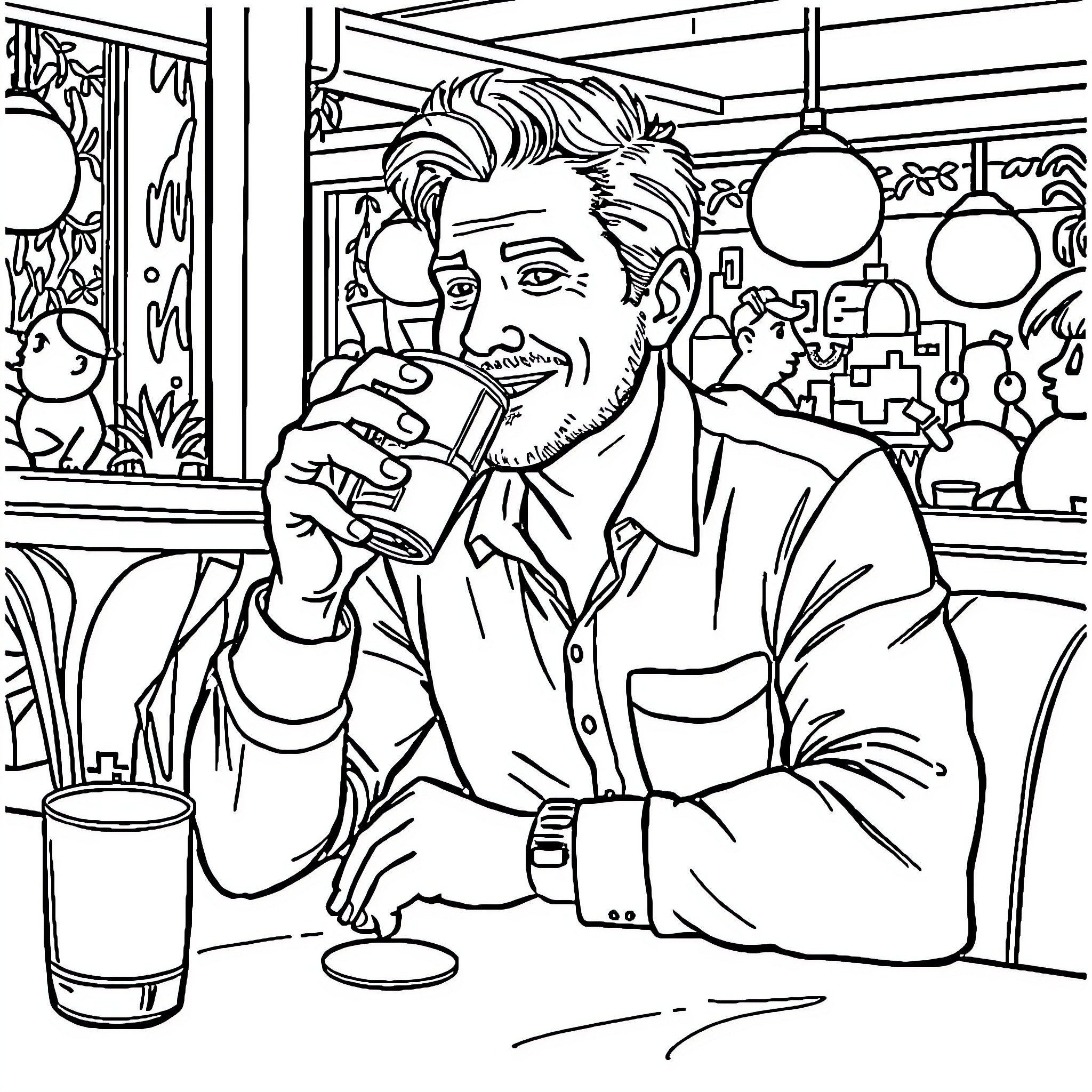 Adult relaxing with drink in bar setting Coloring Page (free black-and-white line drawing printable PDF for all, from beginners to advanced learners, including children, teens, adults, and seniors)