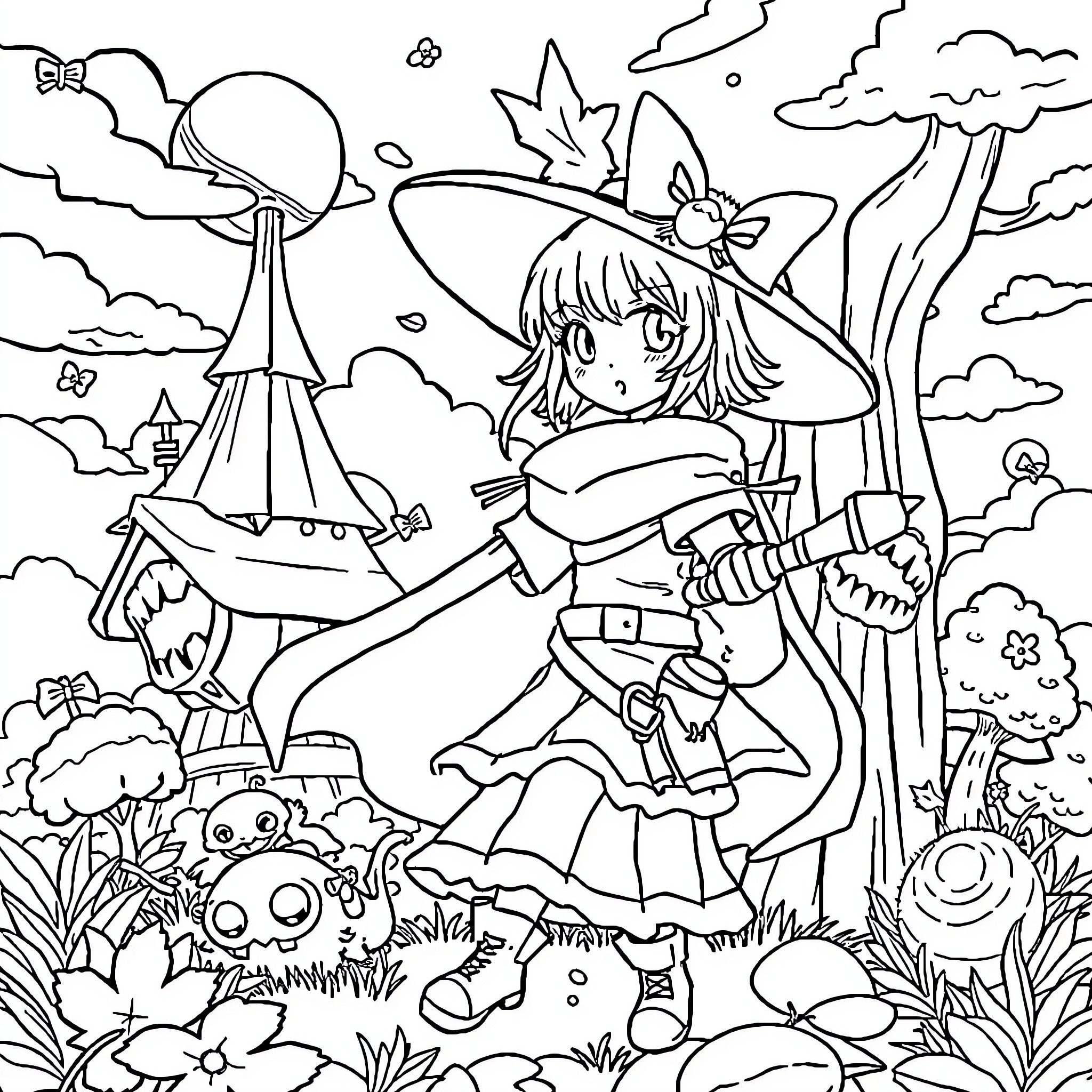 Maple Witch Exploring Whimsical Autumn Landscape Coloring Page (free black-and-white line drawing printable PDF for all, from beginners to advanced learners, including children, teens, adults, and seniors)