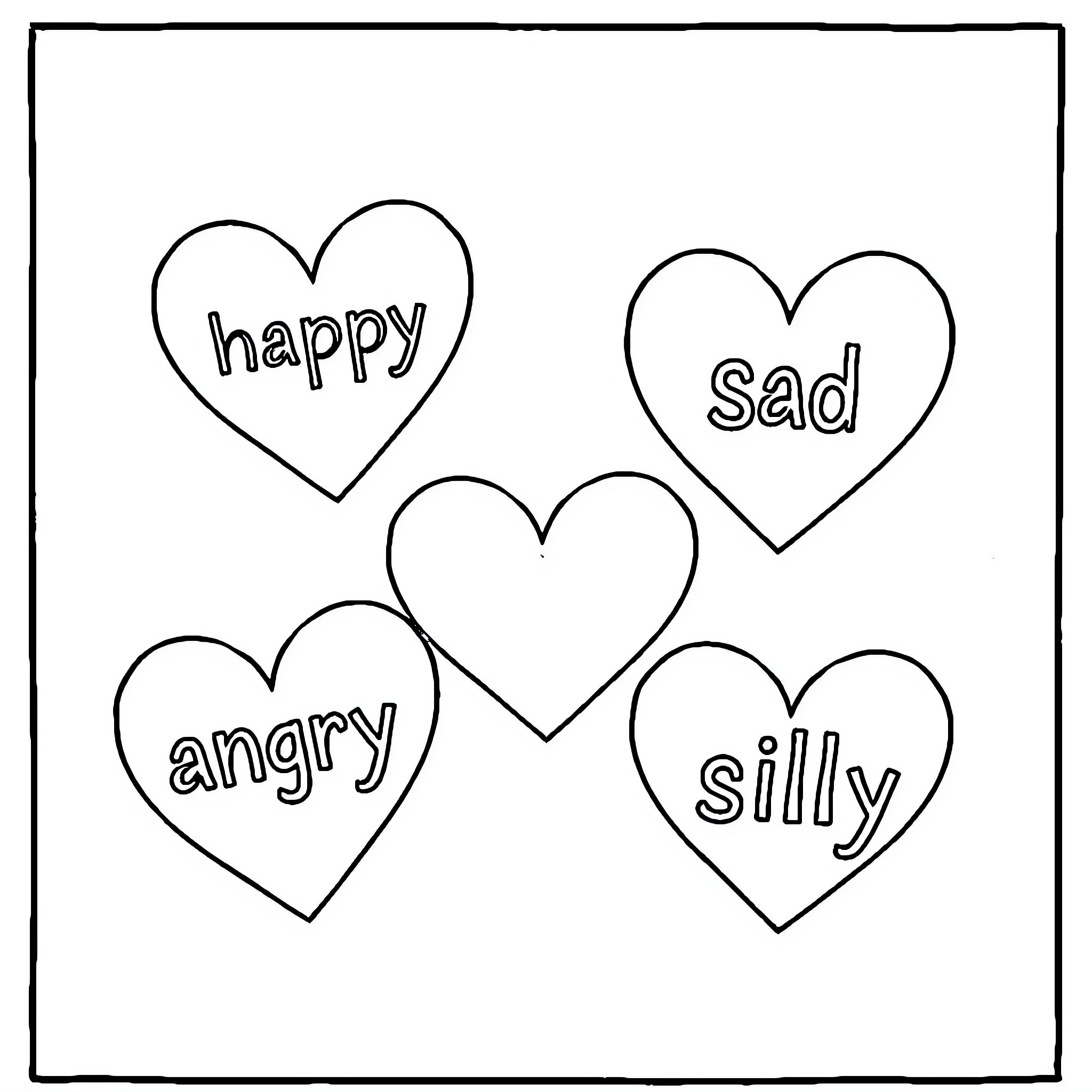 Heart-shaped emotions: happy, sad, angry, silly Coloring Page (free black-and-white line drawing printable PDF for all, from beginners to advanced learners, including children, teens, adults, and seniors)