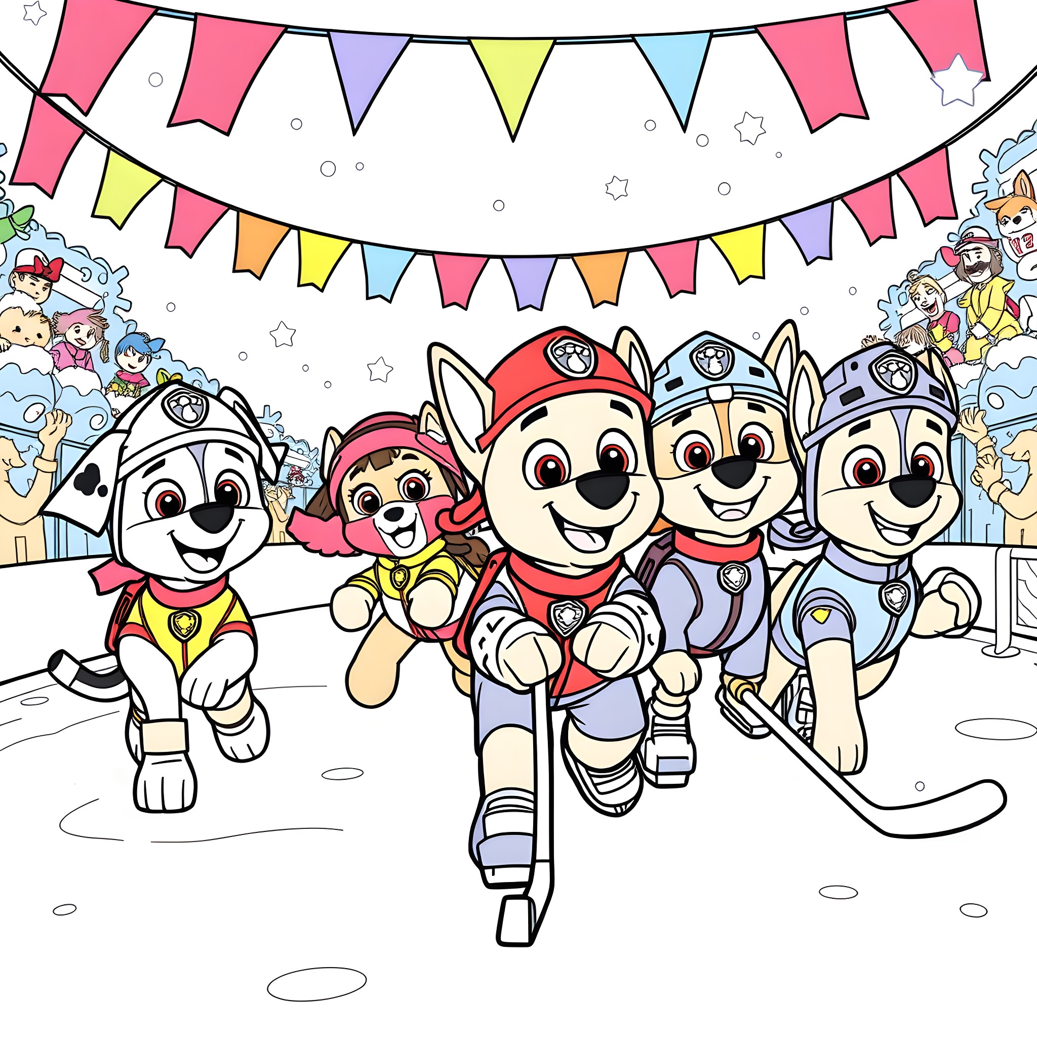 Paw Patrol characters celebrating with festive decorations Coloring Page (free black-and-white line drawing printable PDF for all, from beginners to advanced learners, including children, teens, adults, and seniors)