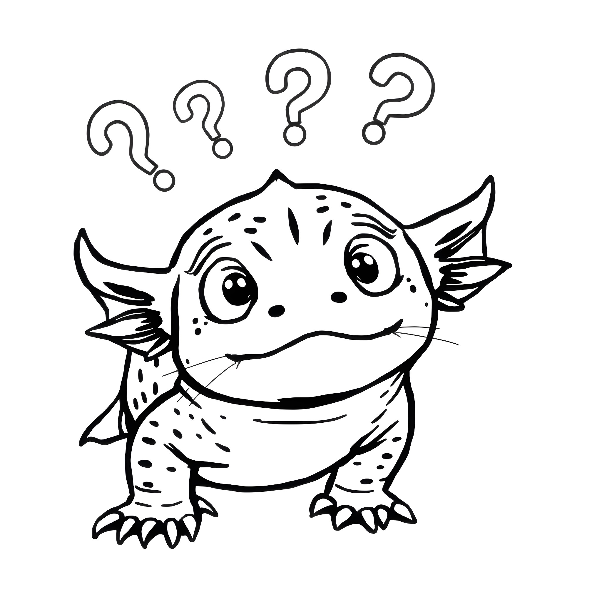 Axolotl surrounded by question marks Coloring Page (free black-and-white line drawing printable PDF for all, from beginners to advanced learners, including children, teens, adults, and seniors)