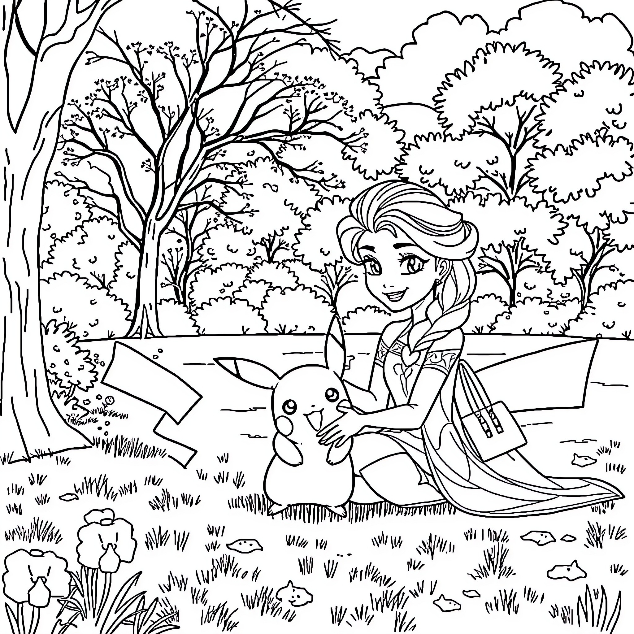 Disney Princess Exploring Nature with Pikachu Coloring Page (free black-and-white line drawing printable PDF for all, from beginners to advanced learners, including children, teens, adults, and seniors)