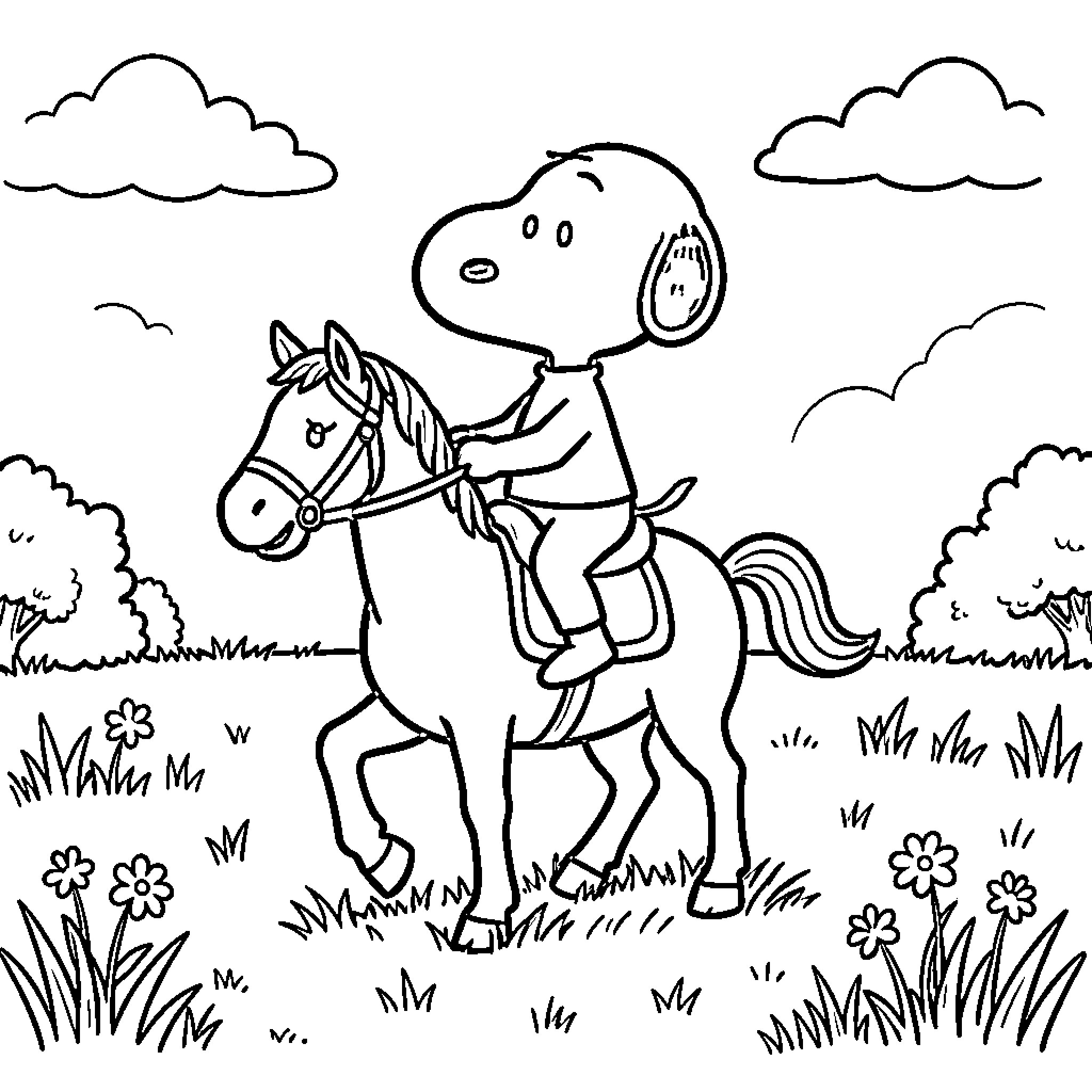 Snoopy Riding a Horse in a Meadow Coloring Page (free black-and-white line drawing printable PDF for all, from beginners to advanced learners, including children, teens, adults, and seniors)