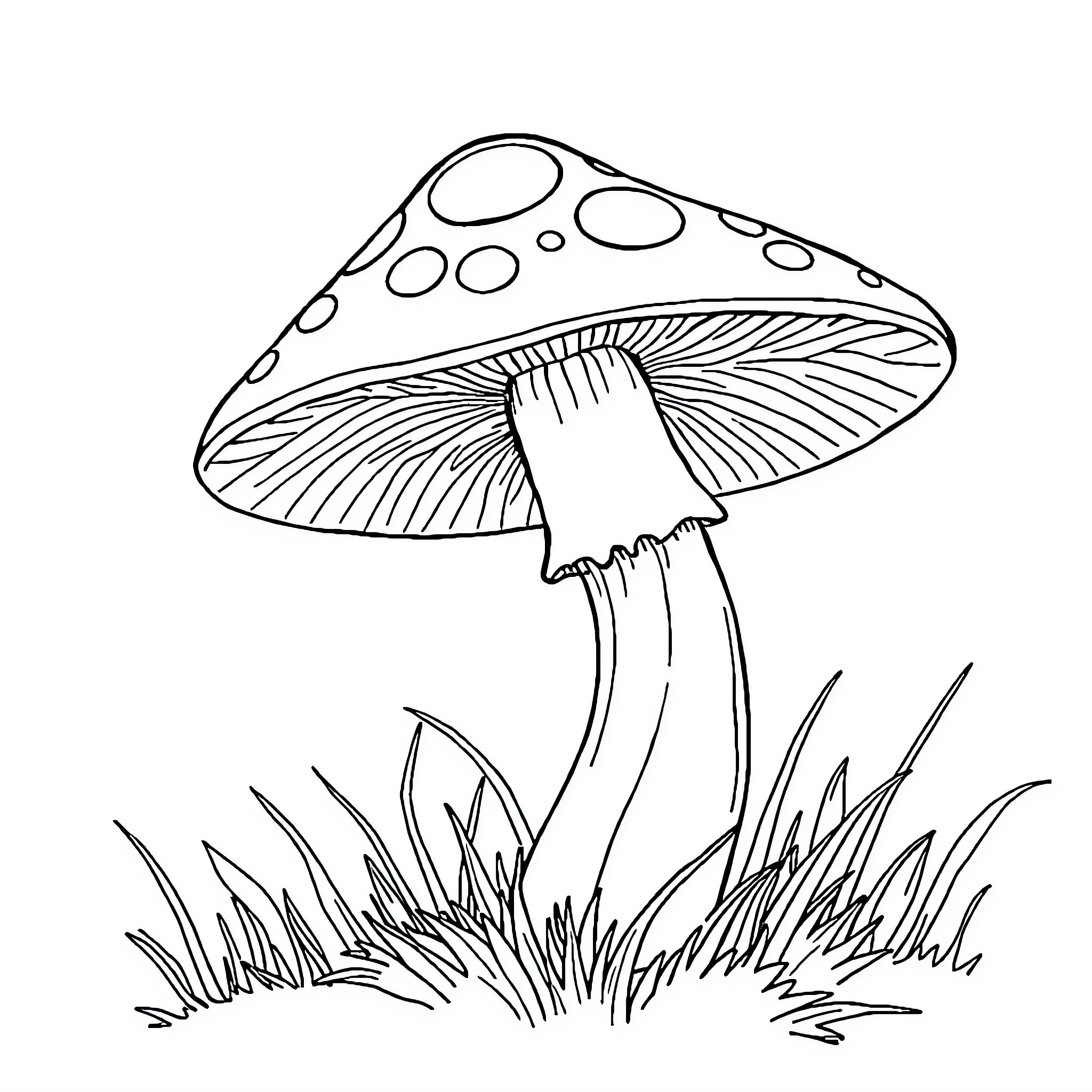 Mushroom sprouting amongst the grass Coloring Page (free black-and-white line drawing printable PDF for all, from beginners to advanced learners, including children, teens, adults, and seniors)