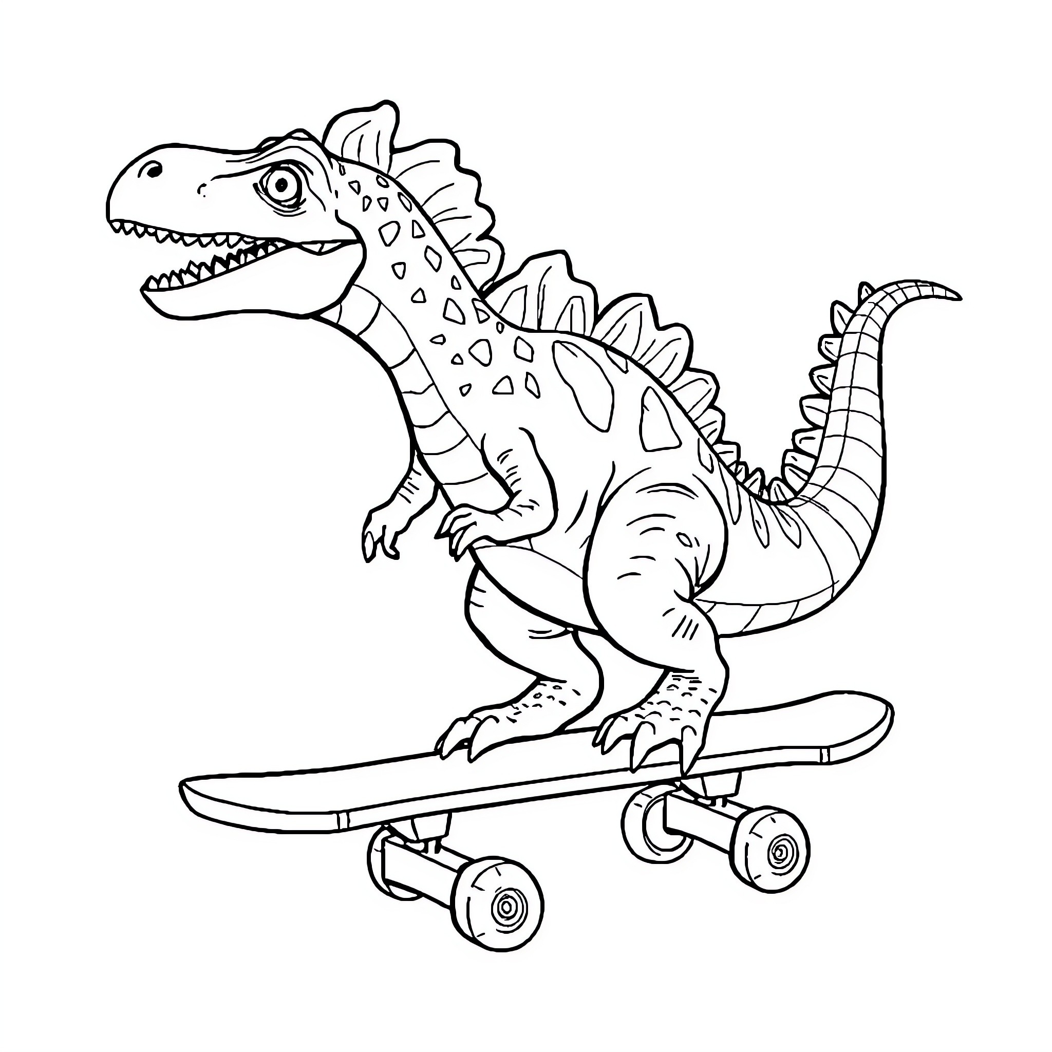 Spinosaur riding a skateboard Coloring Page (free black-and-white line drawing printable PDF for all, from beginners to advanced learners, including children, teens, adults, and seniors)