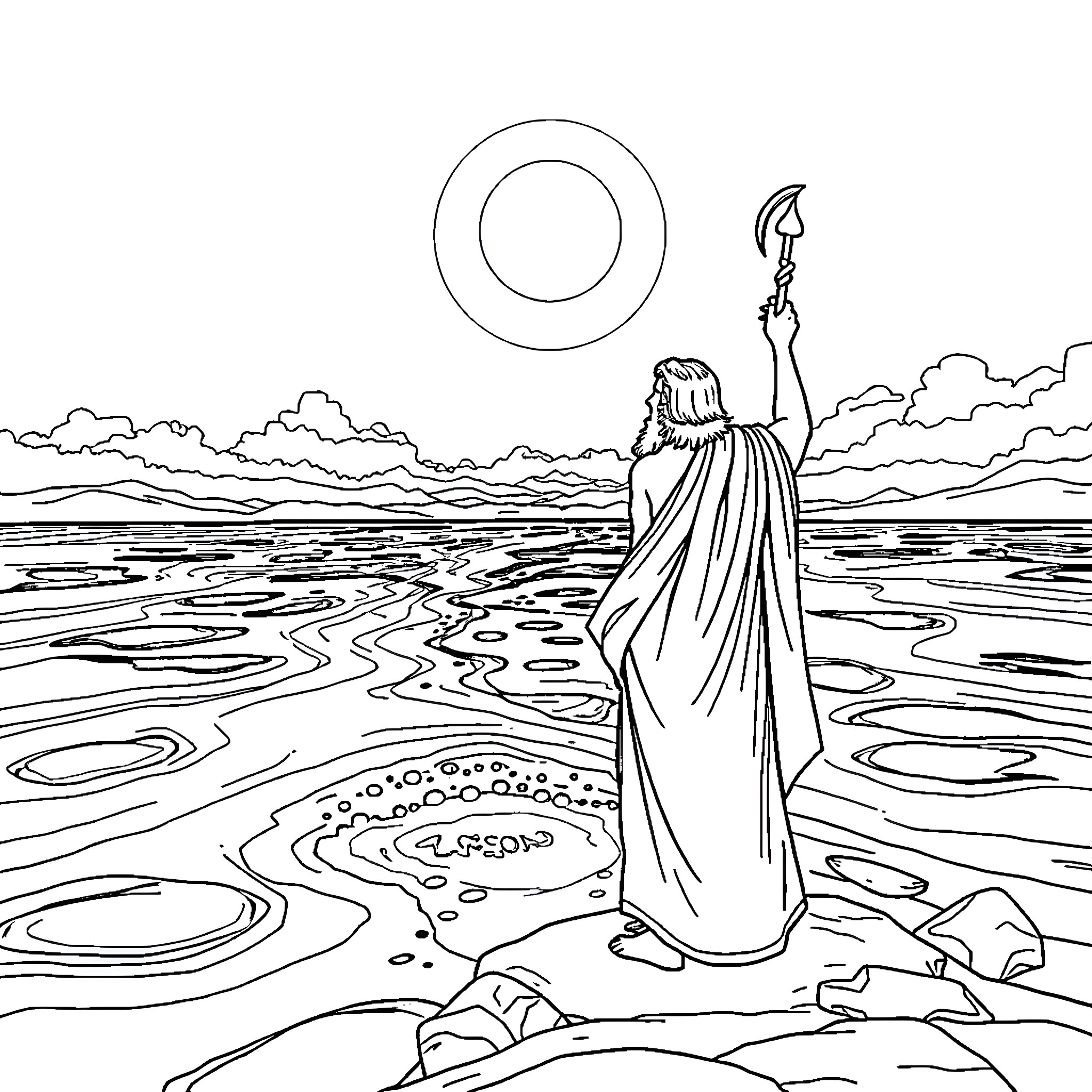 Moses parting the Red Sea with staff in hand Coloring Page (free black-and-white line drawing printable PDF for all, from beginners to advanced learners, including children, teens, adults, and seniors)