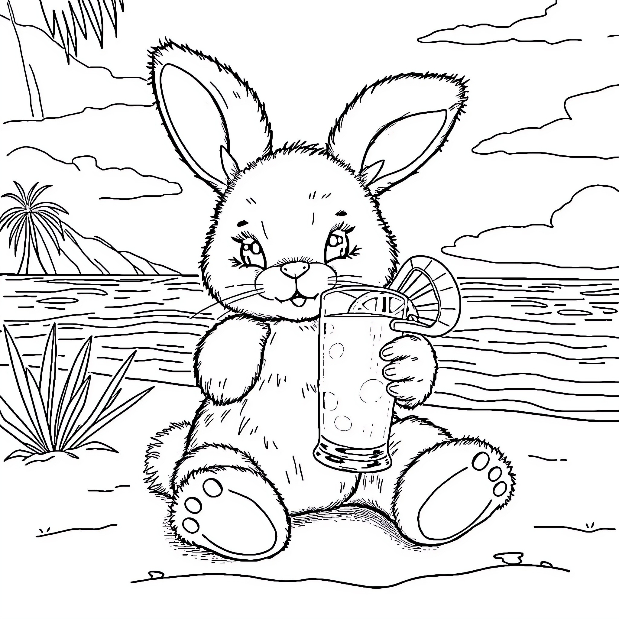 Bunny relaxing with refreshing drink on the beach Coloring Page (free black-and-white line drawing printable PDF for all, from beginners to advanced learners, including children, teens, adults, and seniors)
