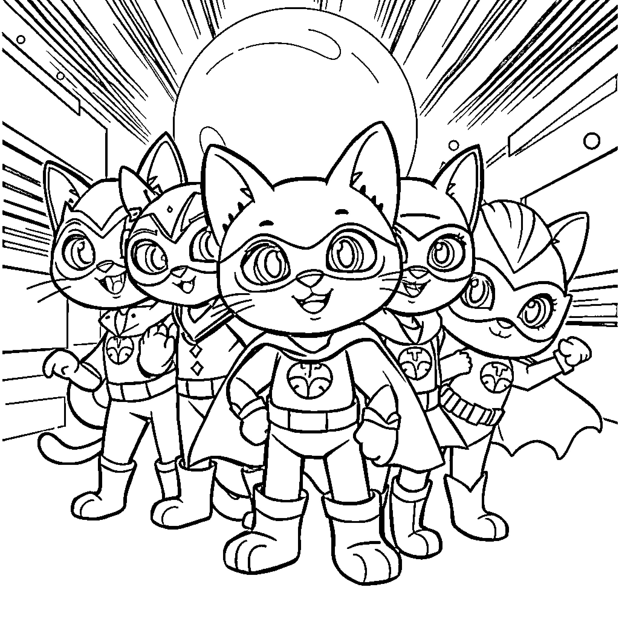 Superkitty team assembles for heroic action Coloring Page (free black-and-white line drawing printable PDF for all, from beginners to advanced learners, including children, teens, adults, and seniors)