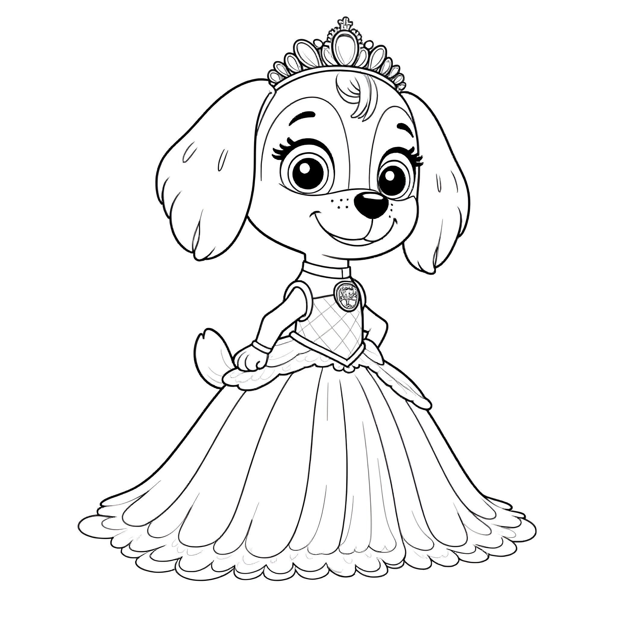 Skye the Pup in a Fancy Princess Dress Coloring Page (free black-and-white line drawing printable PDF for all, from beginners to advanced learners, including children, teens, adults, and seniors)